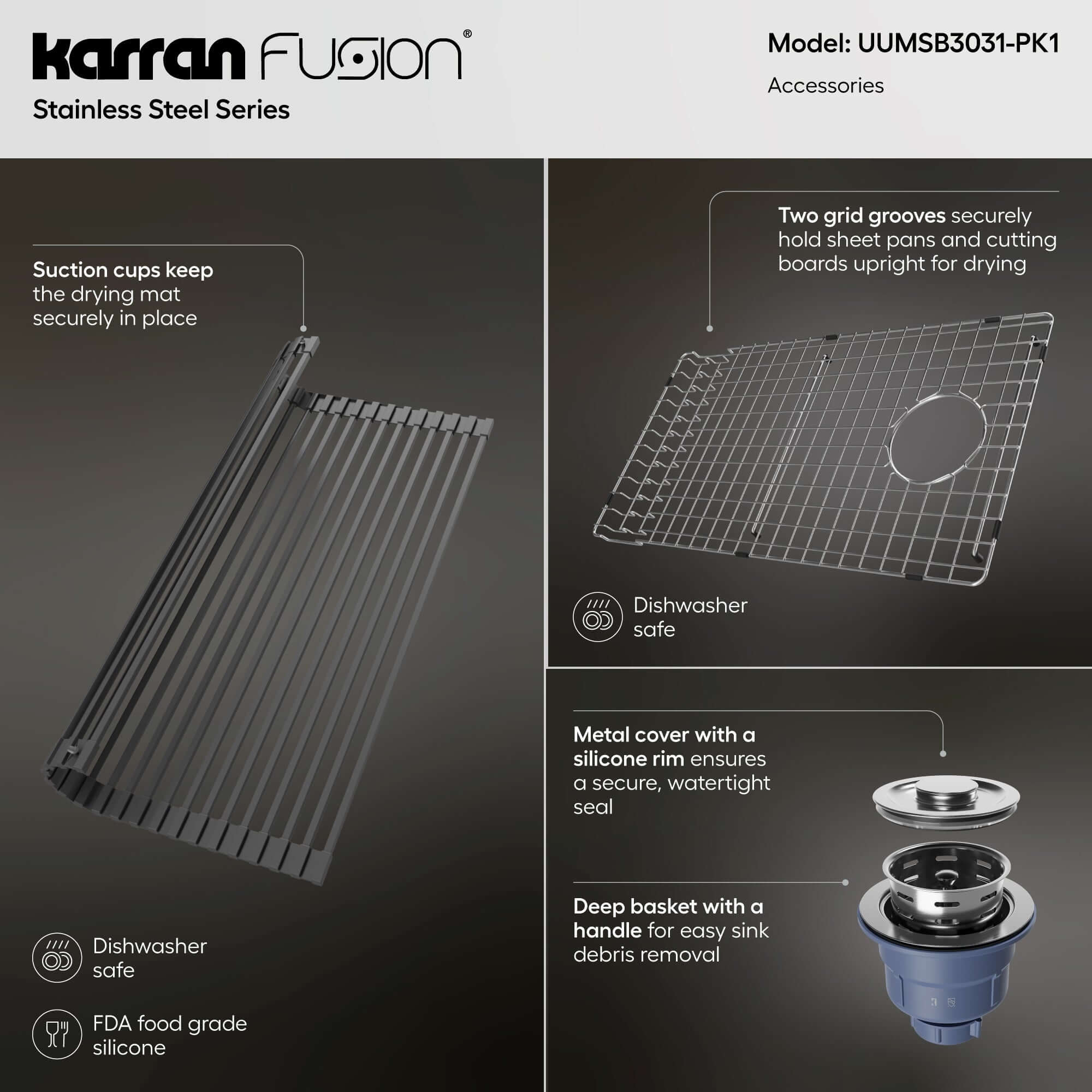Alternate Image for Karran Fusion 30" Undermount Stainless Steel ADA Kitchen Sink with Accessories, 16 Gauge, UUMSB3031-PK1