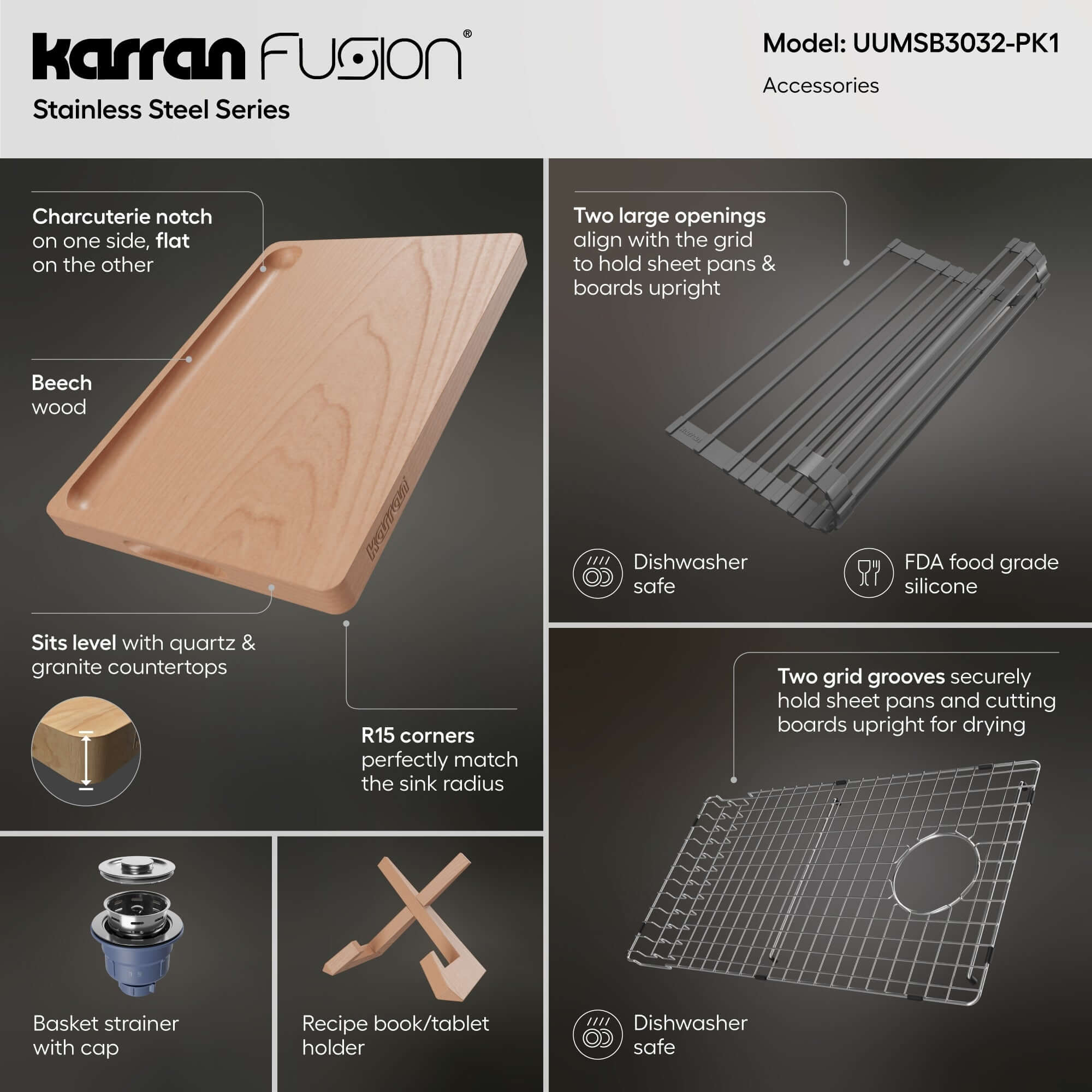 Alternate Image for Karran Fusion 30" Undermount Stainless Steel Workstation Kitchen Sink with Accessories, 16 Gauge, UUMSB3032-PK1
