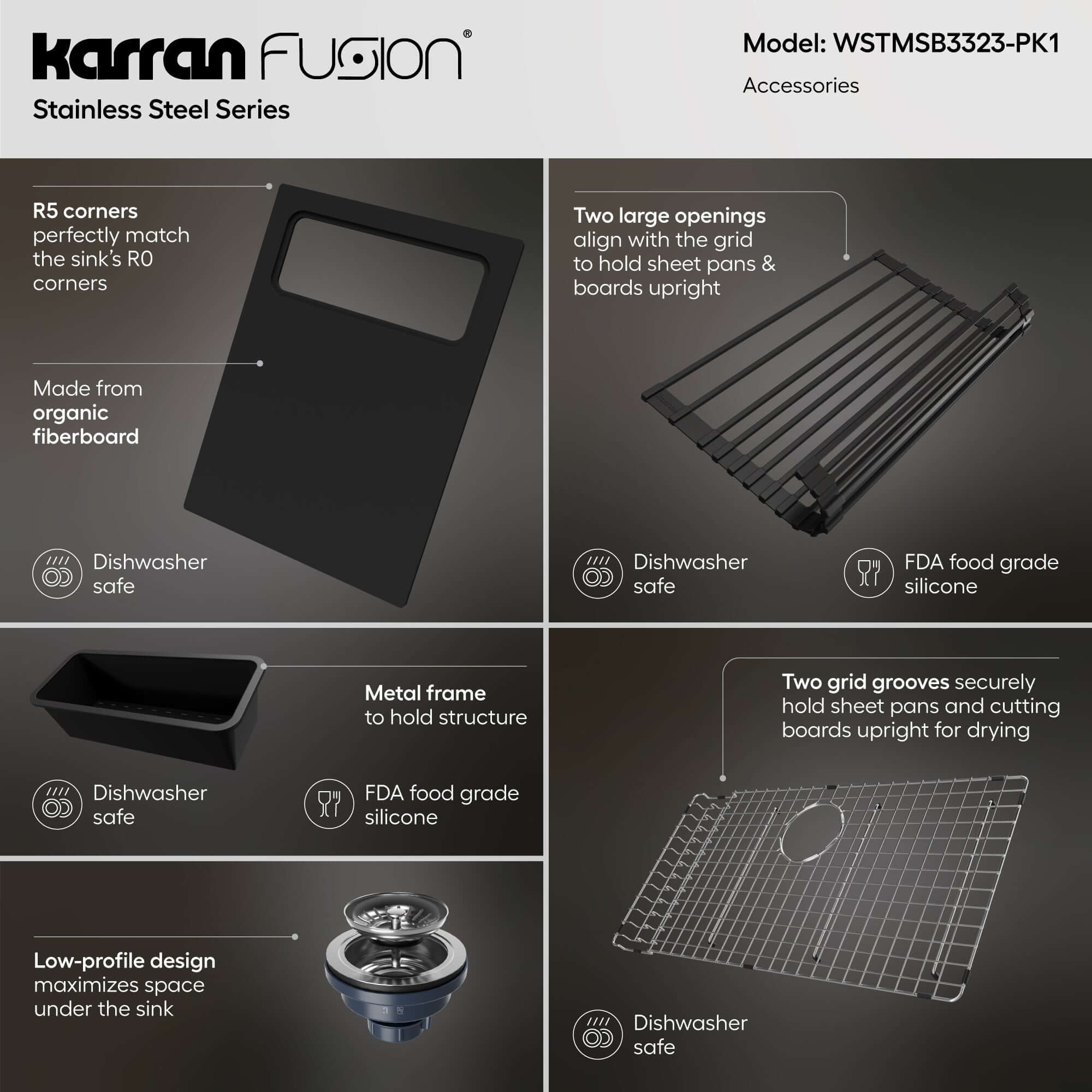 Alternate Image for Karran Fusion 33" Drop In/Topmount Stainless Steel Workstation Kitchen Sink with Accessories, 18 Gauge, WSTMSB3323-PK1