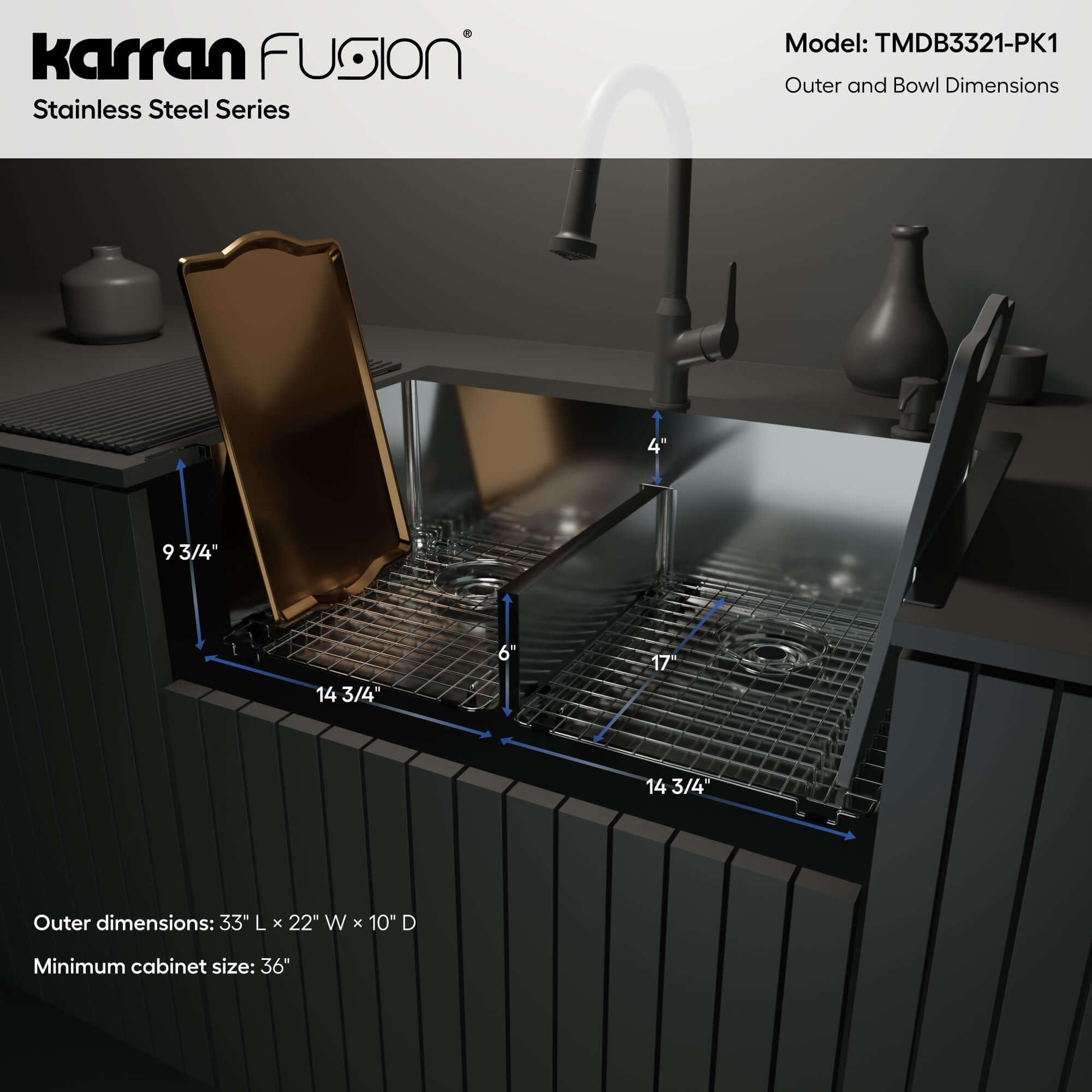 Alternate Image for Karran Fusion 33" Drop In/Topmount Stainless Steel Kitchen Sink with Accessories, 50/50 Double Bowl, 16 Gauge, TMDB3321-PK1