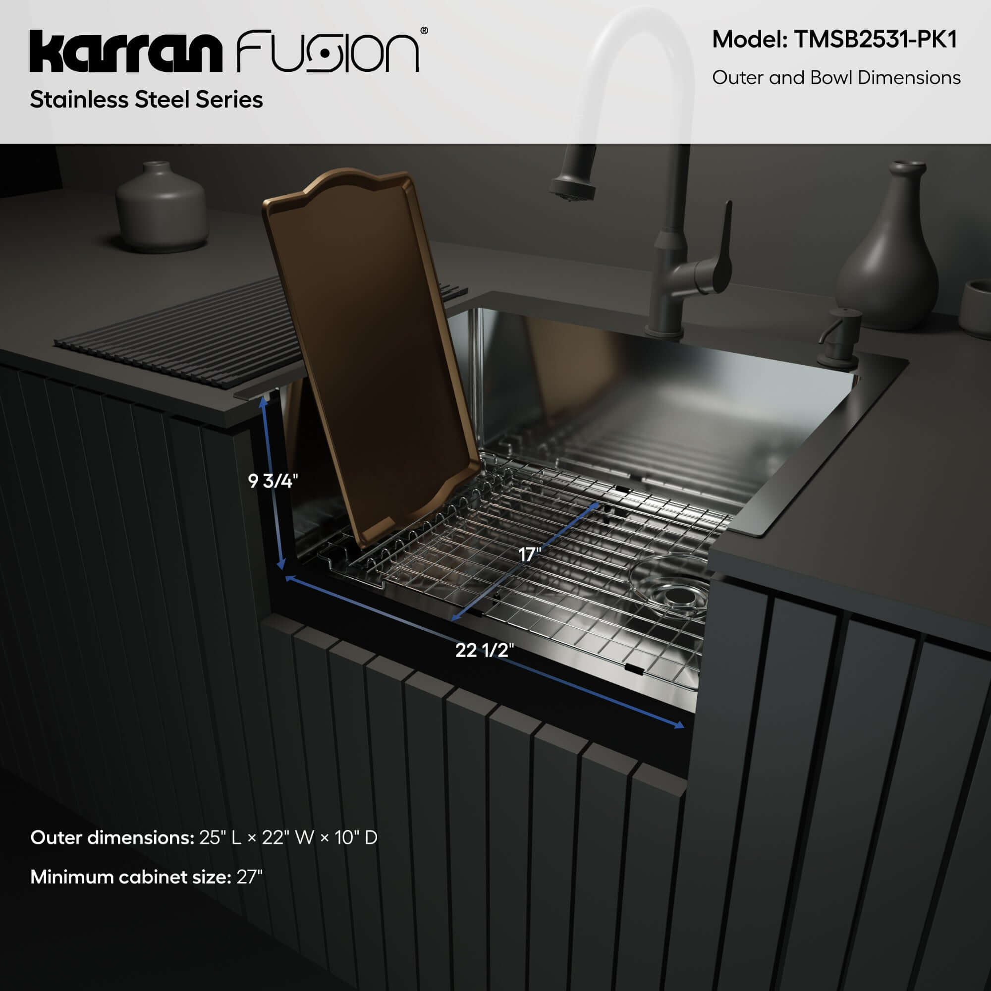 Alternate Image for Karran Fusion 25" Drop In/Topmount Stainless Steel ADA Kitchen Sink with Accessories, 16 Gauge, TMSB2531-PK1