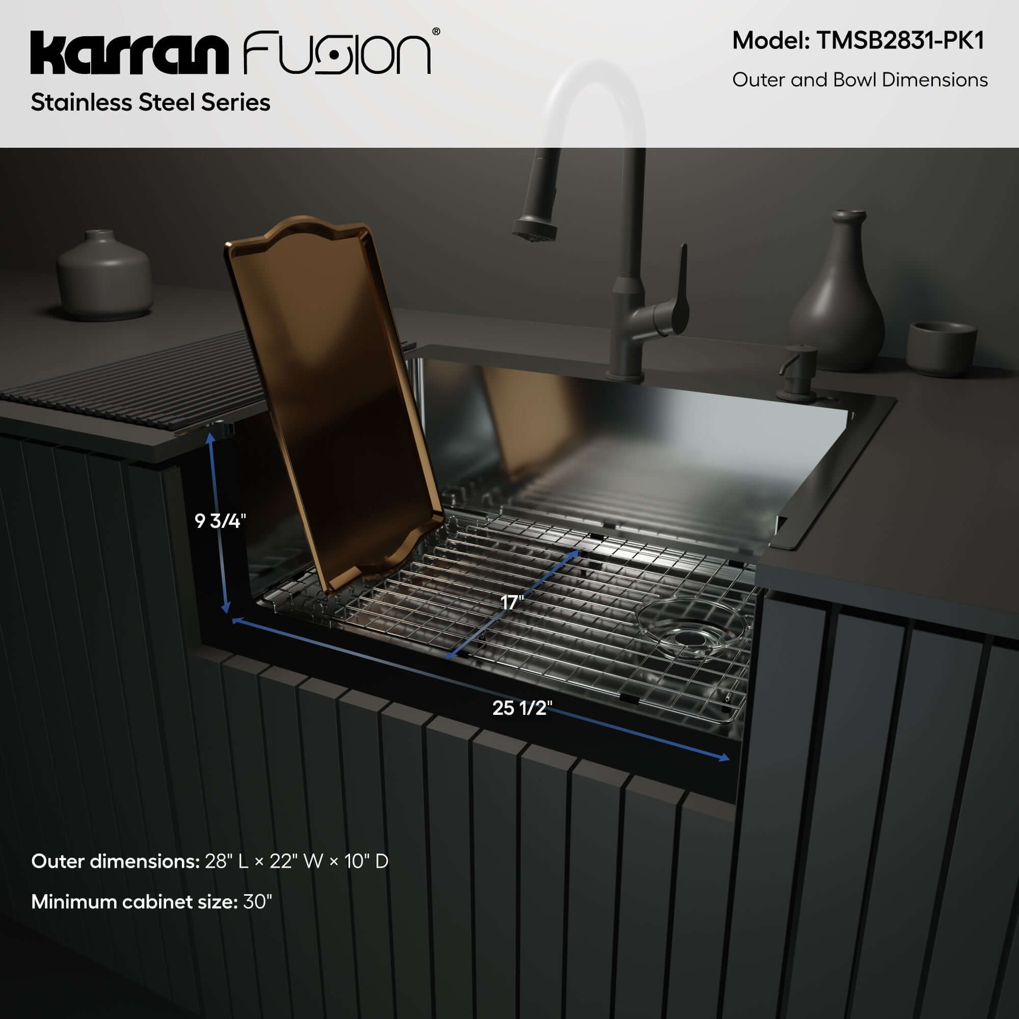 Alternate Image for Karran Fusion 28" Drop In/Topmount Stainless Steel Kitchen Sink with Accessories, 16 Gauge, TMSB2831-PK1