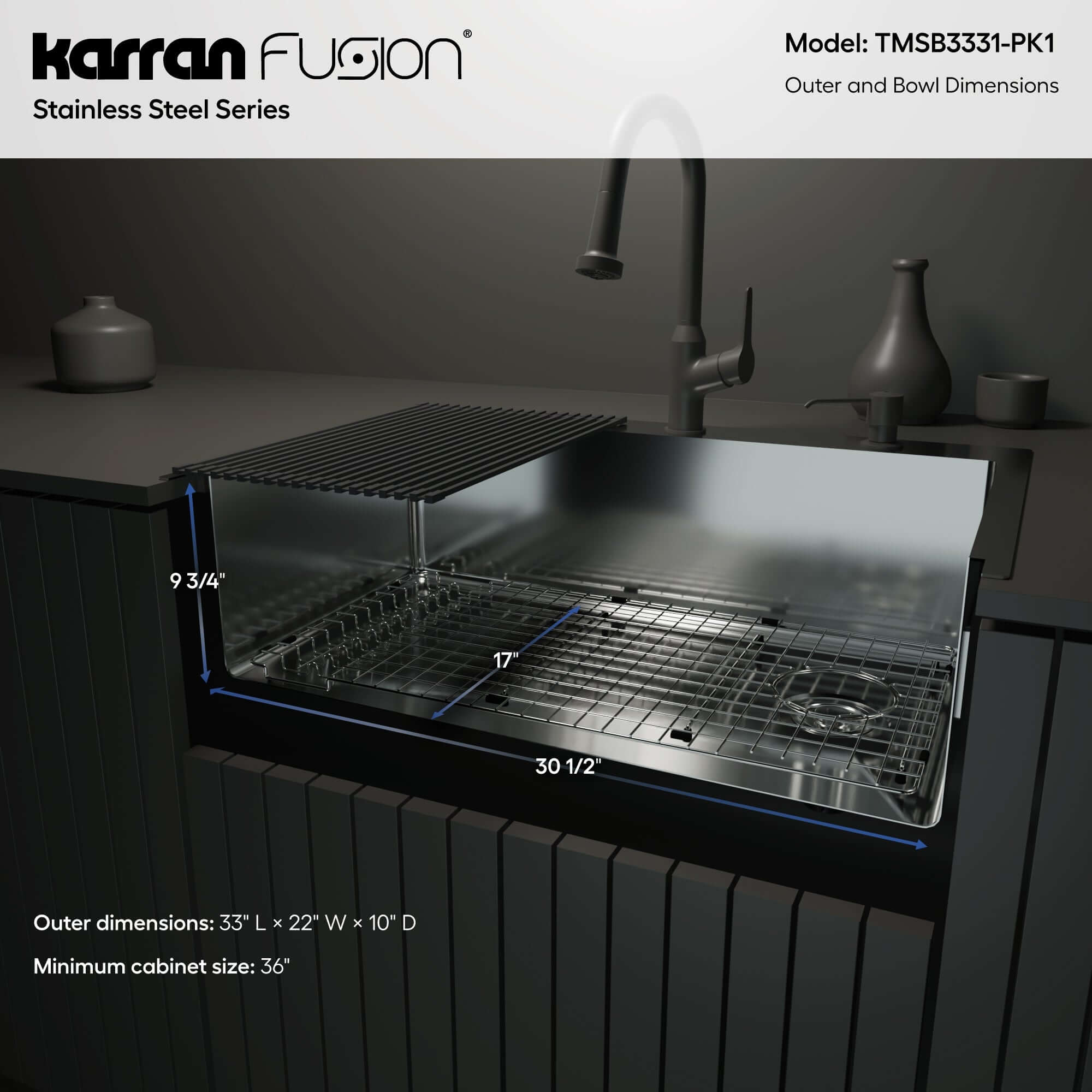 Alternate Image for Karran Fusion 33" Drop In/Topmount Stainless Steel Kitchen Sink with Accessories, 16 Gauge, TMSB3331-PK1