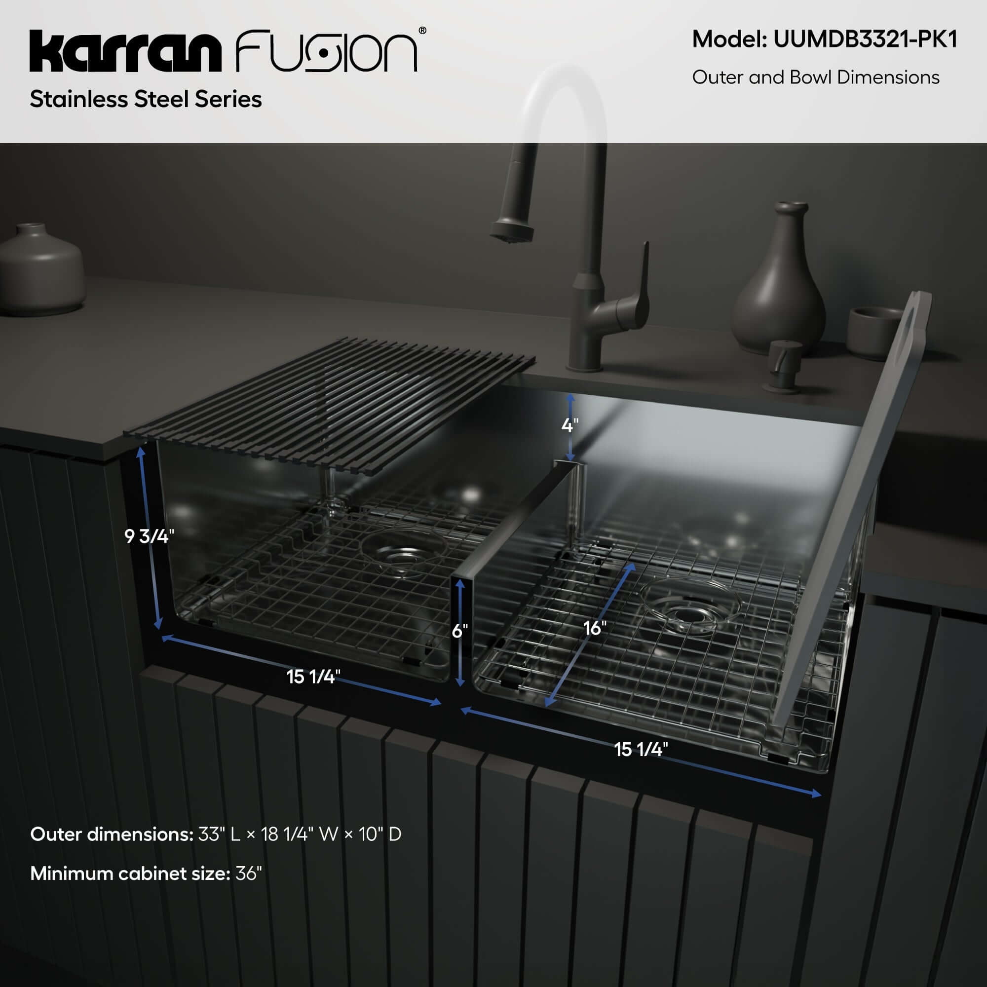 Alternate Image for Karran Fusion 33" Undermount Stainless Steel ADA Kitchen Sink with Accessories, 50/50 Double Bowl, 16 Gauge, UUMDB3321-PK1