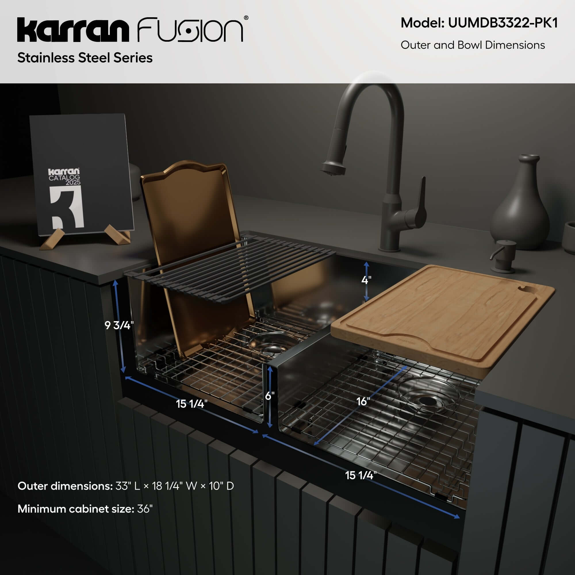 Alternate Image for Karran Fusion 33" Undermount Stainless Steel ADA Workstation Kitchen Sink with Accessories, 50/50 Double Bowl, 16 Gauge, UUMDB3322-PK1
