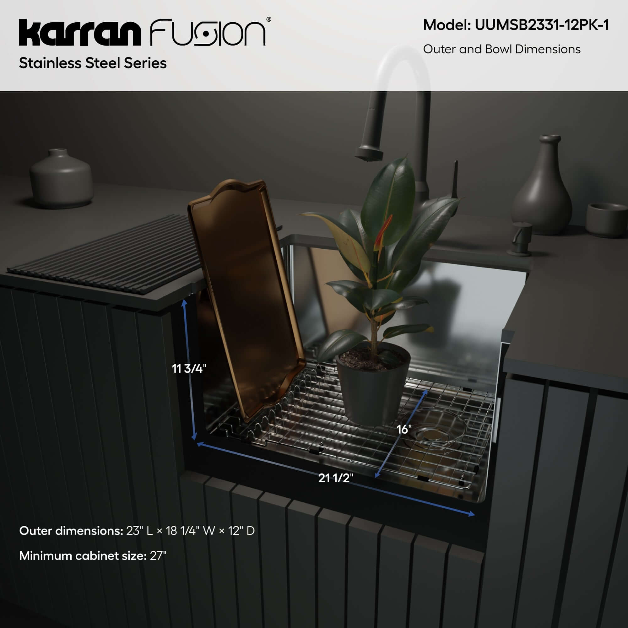 Alternate Image for Karran Fusion 23" Undermount Stainless Steel ADA Kitchen Sink with Accessories, 16 Gauge, UUMSB2331-12PK1