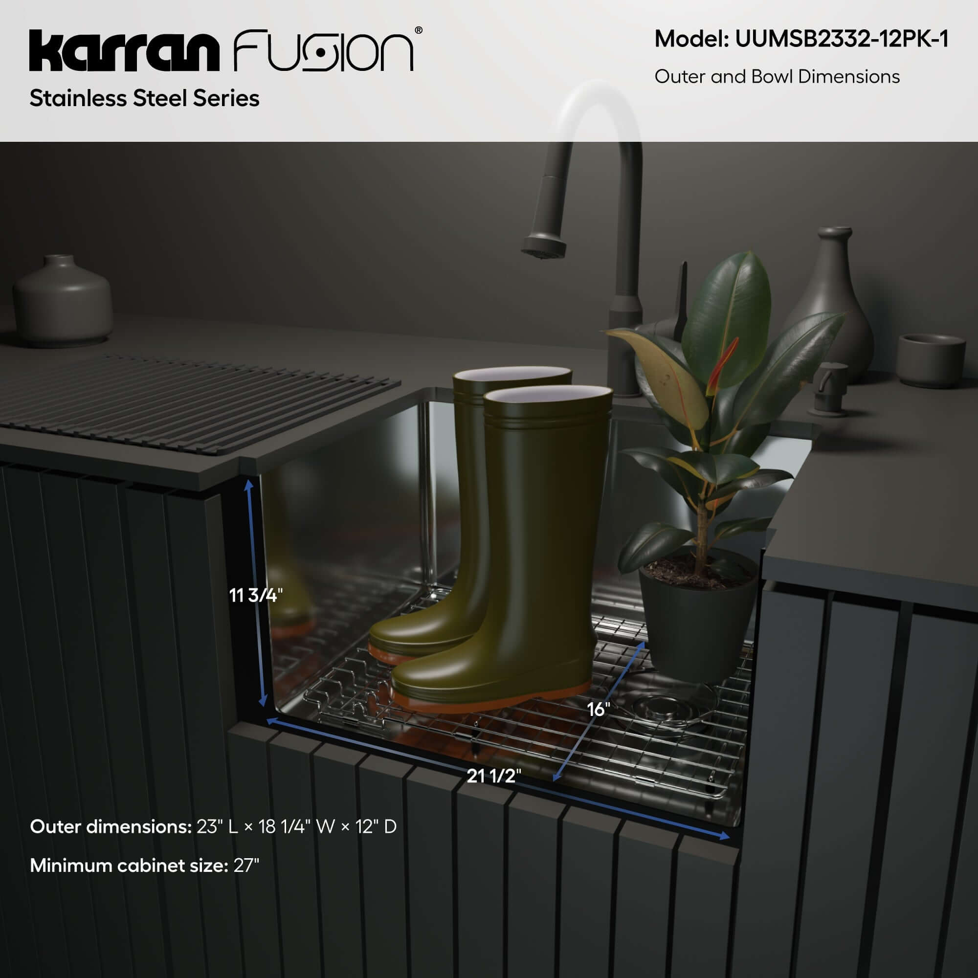 Alternate Image for Karran Fusion 23" Undermount Stainless Steel ADA Workstation Kitchen Sink with Accessories, 16 Gauge, UUMSB2332-12PK1
