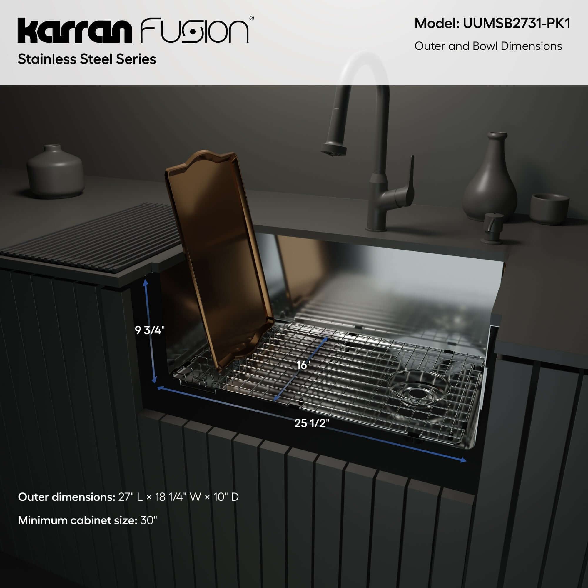 Alternate Image for Karran Fusion 27" Undermount Stainless Steel ADA Kitchen Sink with Accessories, 16 Gauge, UUMSB2731-PK1