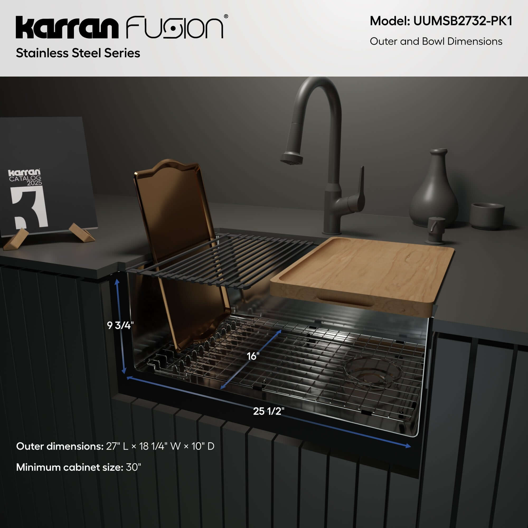 Alternate Image for Karran Fusion 27" Undermount Stainless Steel Workstation Kitchen Sink with Accessories, 16 Gauge, UUMSB2732-PK1