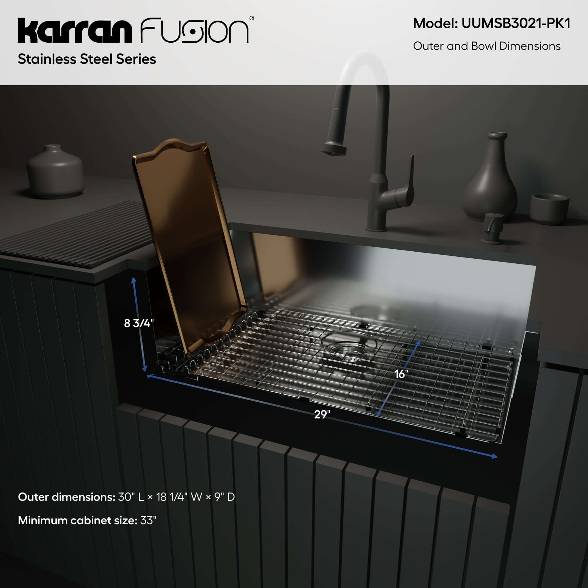 Alternate Image for Karran Fusion 31" Undermount Stainless Steel ADA Kitchen Sink with Accessories, 18 Gauge, UUMSB3021-PK1