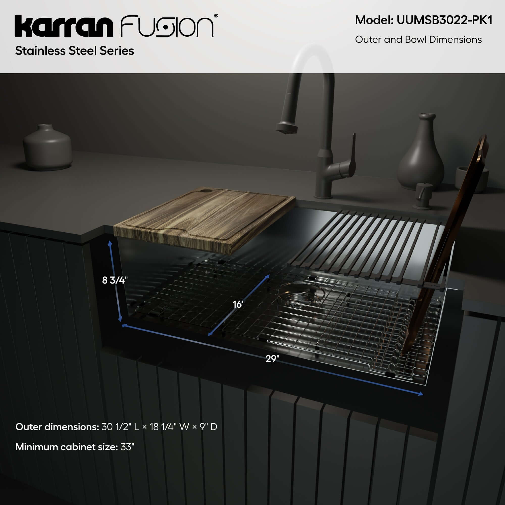 Alternate Image for Karran Fusion 31" Undermount Stainless Steel ADA Workstation Kitchen Sink with Accessories, 18 Gauge, UUMSB3022-PK1