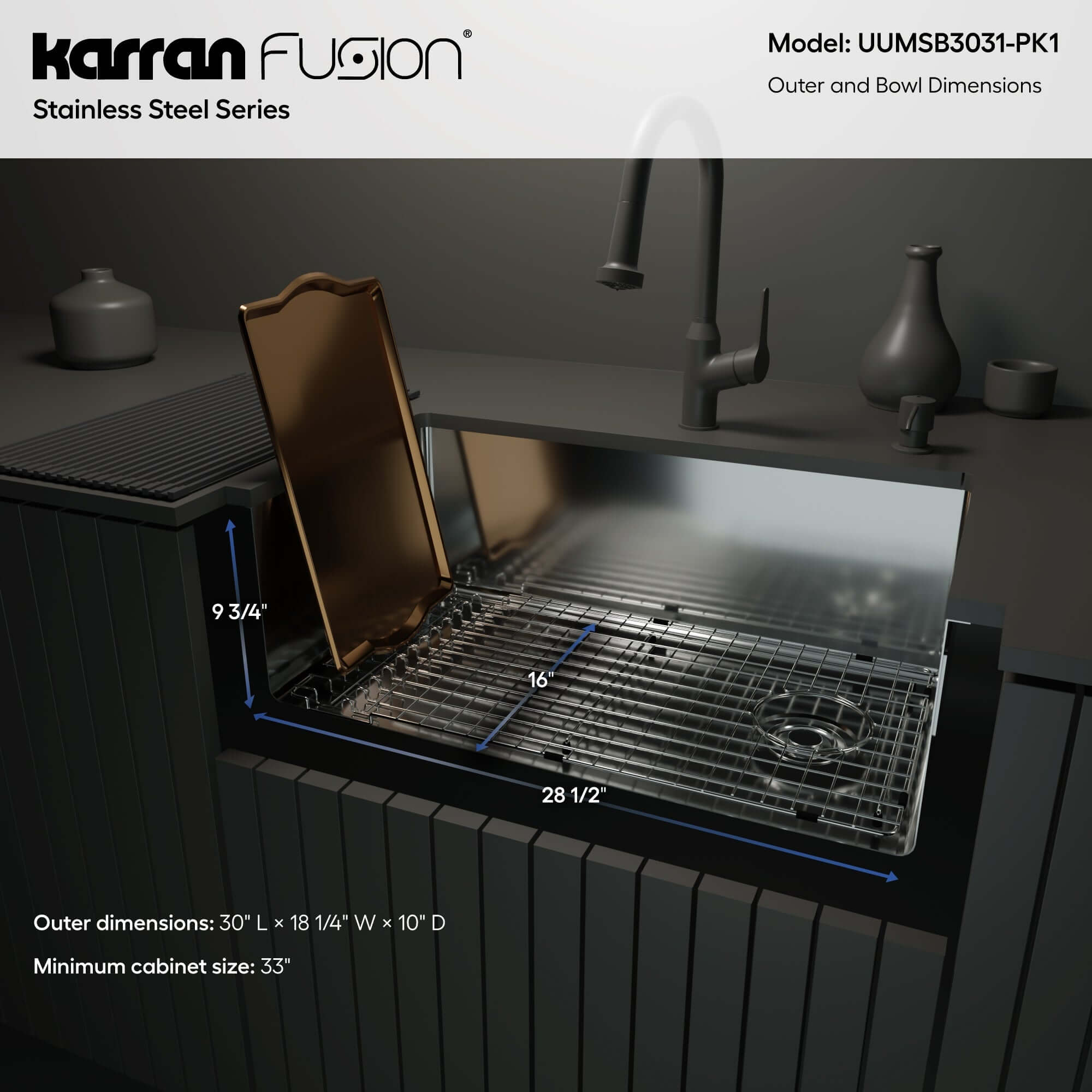 Alternate Image for Karran Fusion 30" Undermount Stainless Steel ADA Kitchen Sink with Accessories, 16 Gauge, UUMSB3031-PK1