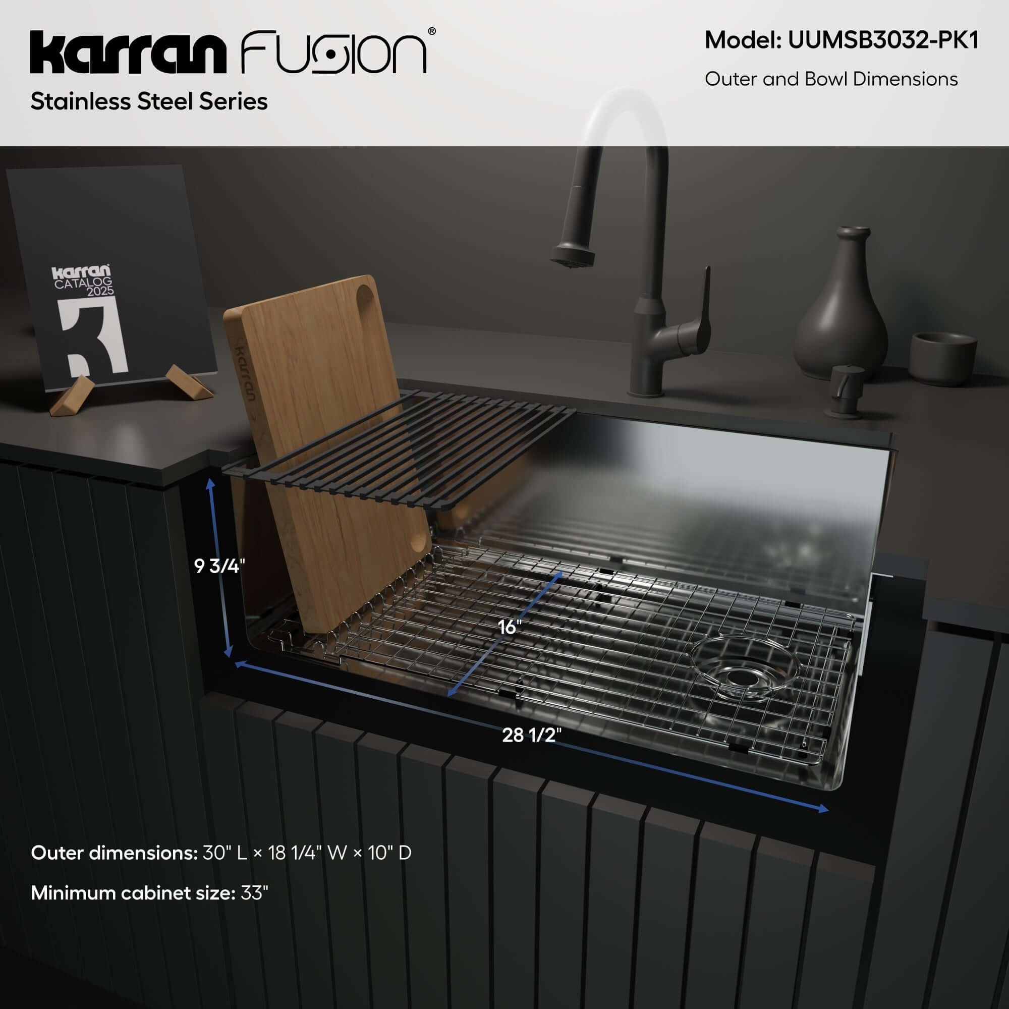 Alternate Image for Karran Fusion 30" Undermount Stainless Steel Workstation Kitchen Sink with Accessories, 16 Gauge, UUMSB3032-PK1