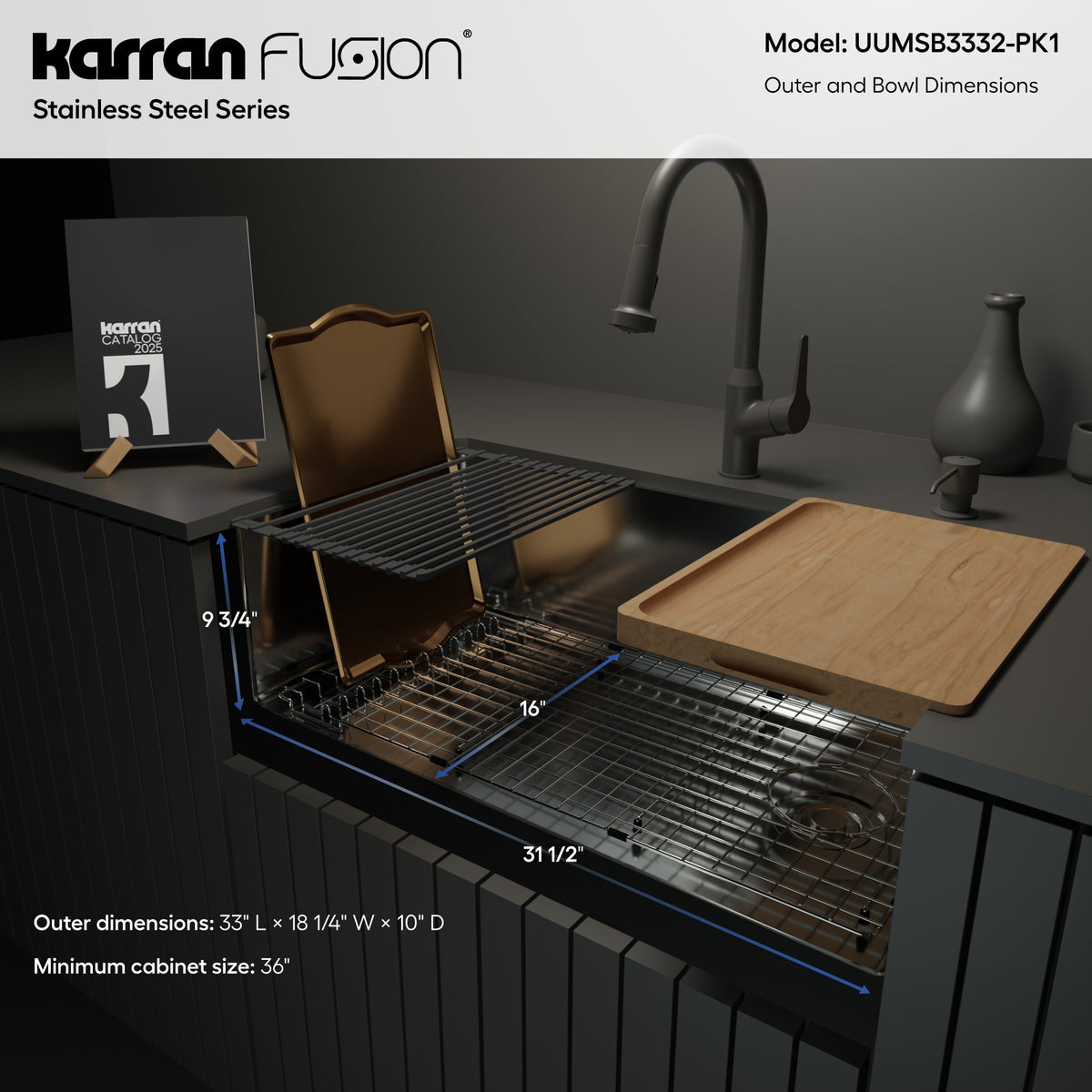 Alternative View of Karran Fusion 33" Undermount Stainless Steel Workstation Kitchen Sink with Accessories, 16 Gauge, UUMSB3332-PK1