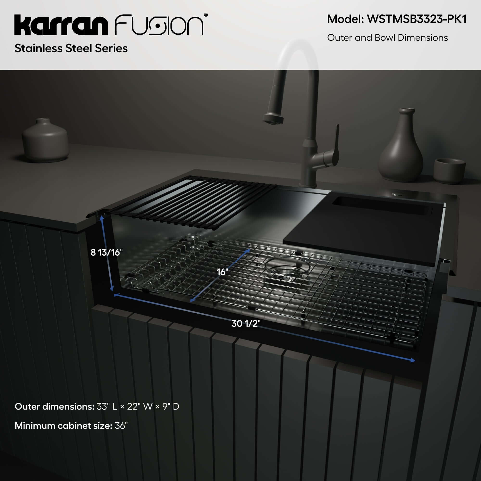 Alternate Image for Karran Fusion 33" Drop In/Topmount Stainless Steel Workstation Kitchen Sink with Accessories, 18 Gauge, WSTMSB3323-PK1