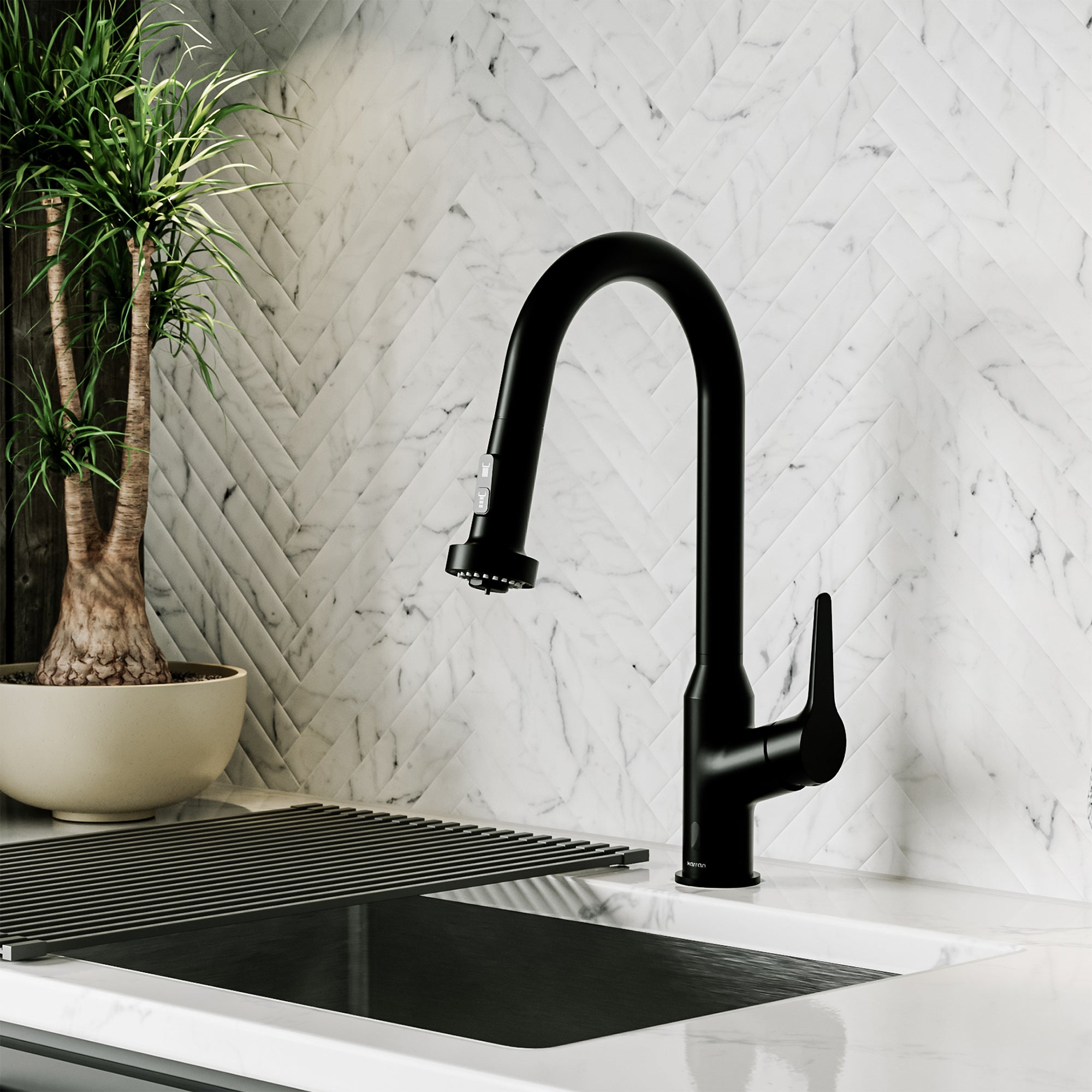 Karran scottsdale touchless pull-down kitchen faucet matte black lifestyle image