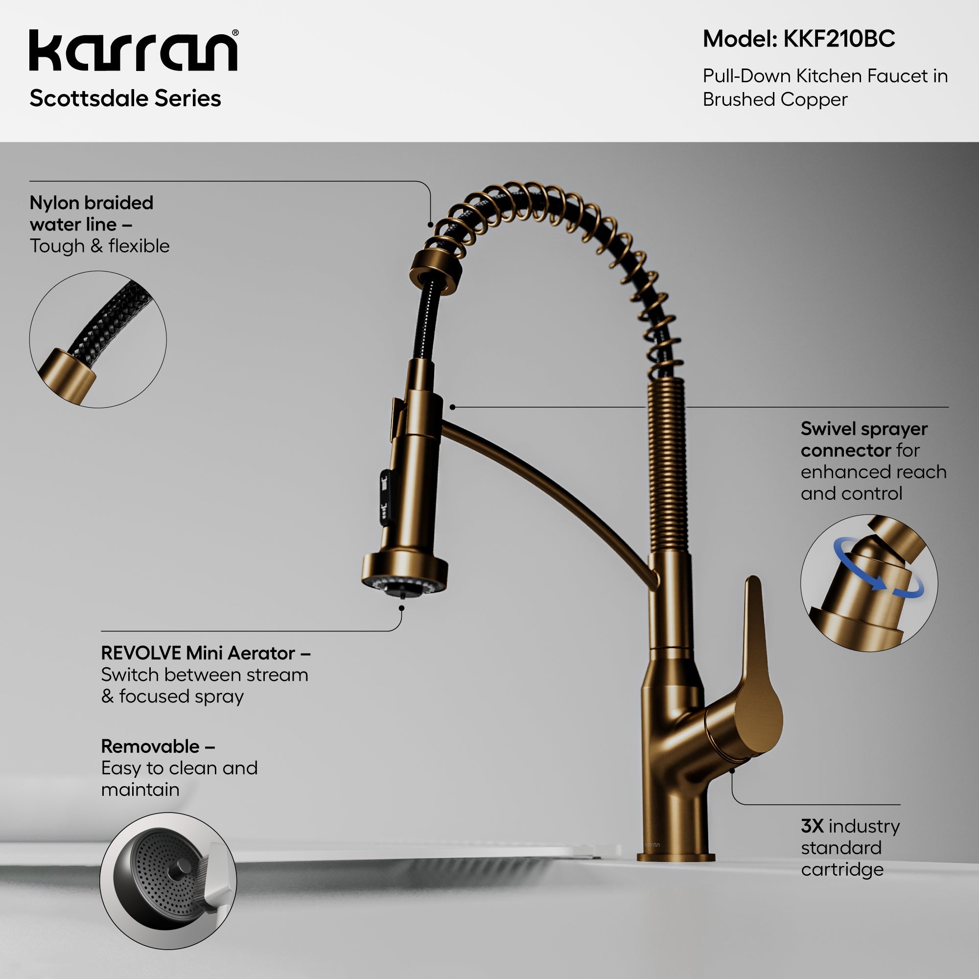 Alternative View of Karran Scottsdale 1.8 GPM Single Lever Handle Lead-free Brass ADA Kitchen Faucet, Pull-Down Kitchen, Brushed Copper, KKF210BC
