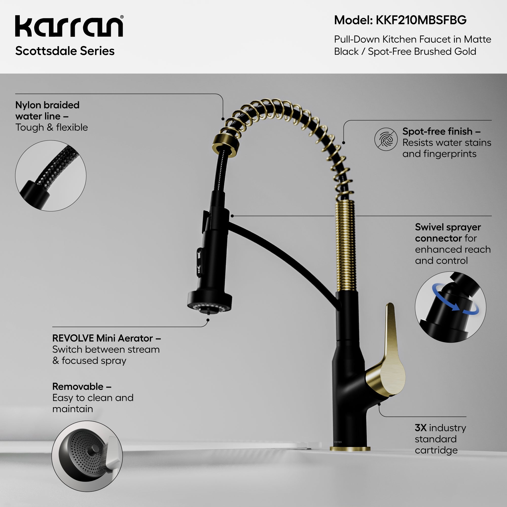 Alternate Image for Karran Scottsdale 1.8 GPM Single Lever Handle Lead-free Brass ADA Kitchen Faucet, Pull-Down, Matte Black & Spot-Free Brushed Gold, KKF210MBSFBG