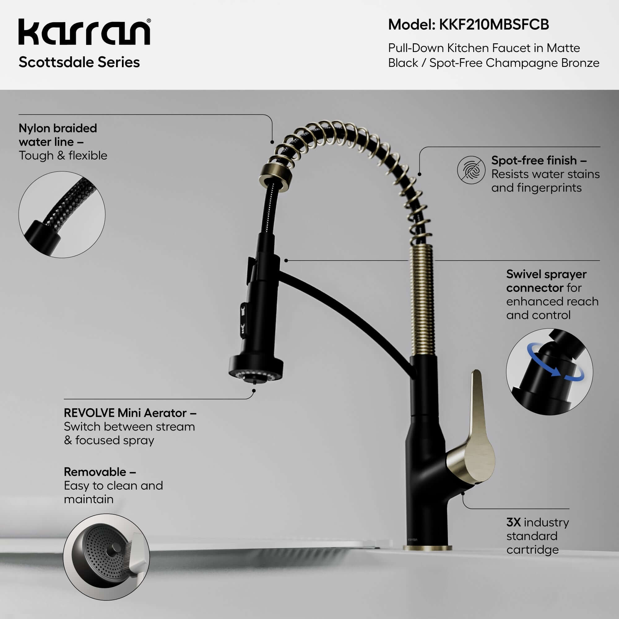 Alternate Image for Karran Scottsdale 1.8 GPM Single Lever Handle Lead-free Brass ADA Kitchen Faucet, Pull-Down, Matte Black & Spot-Free Champagne Bronze, KKF210MBSFCB