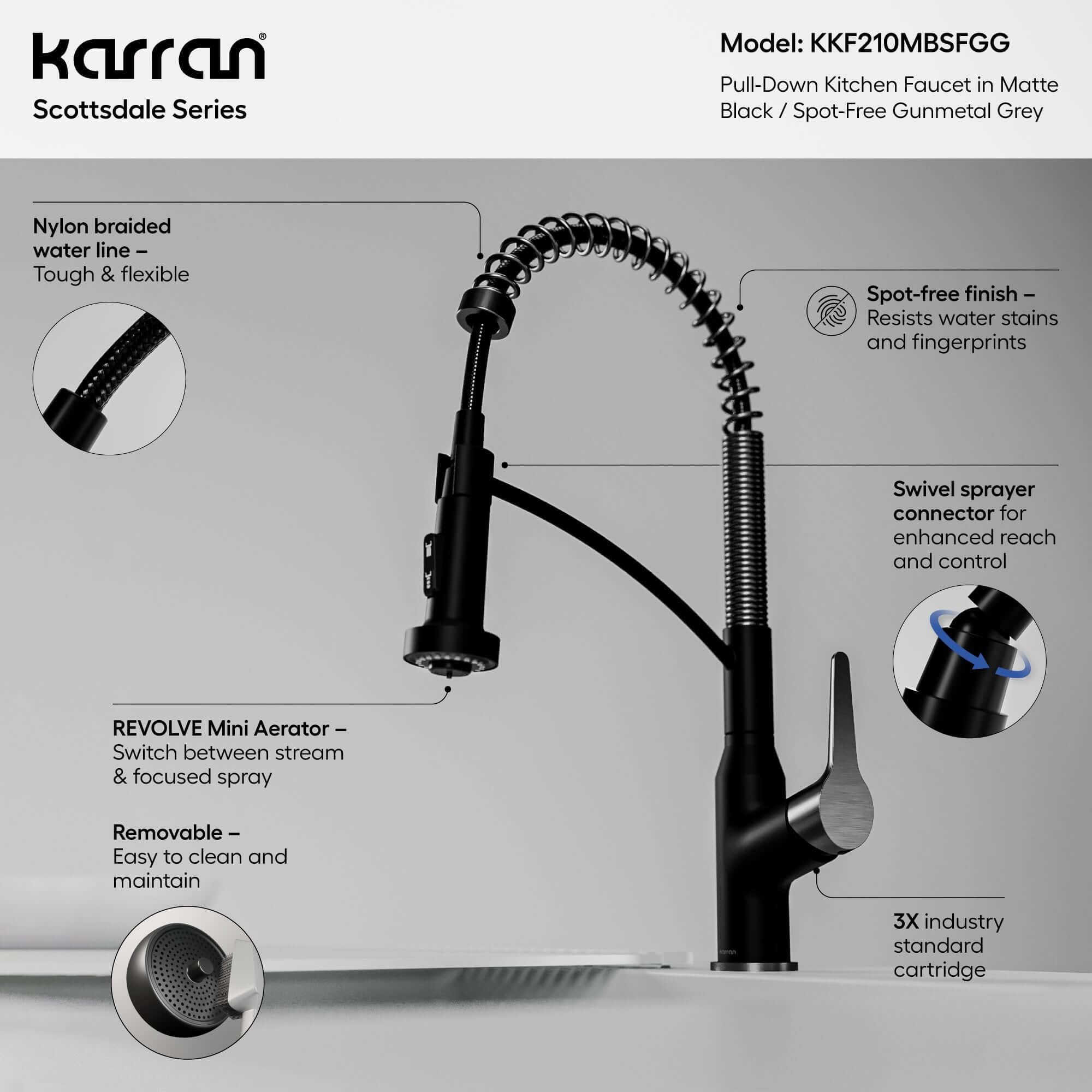 Alternate Image for Karran Scottsdale 1.8 GPM Single Lever Handle Lead-free Brass ADA Kitchen Faucet, Pull-Down, Matte Black & Spot-Free Gunmetal Grey, KKF210MBSFGG
