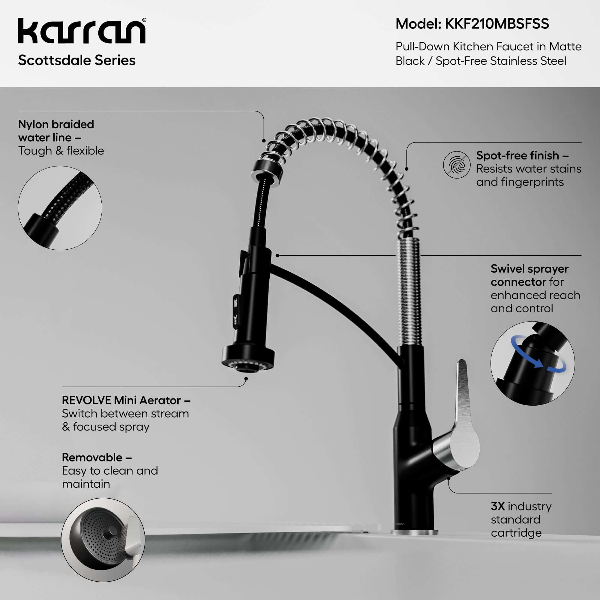 Alternate Image for Karran Scottsdale 1.8 GPM Single Lever Handle Lead-free Brass ADA Kitchen Faucet, Pull-Down, Matte Black & Spot-Free Stainless Steel, KKF210MBSFSS