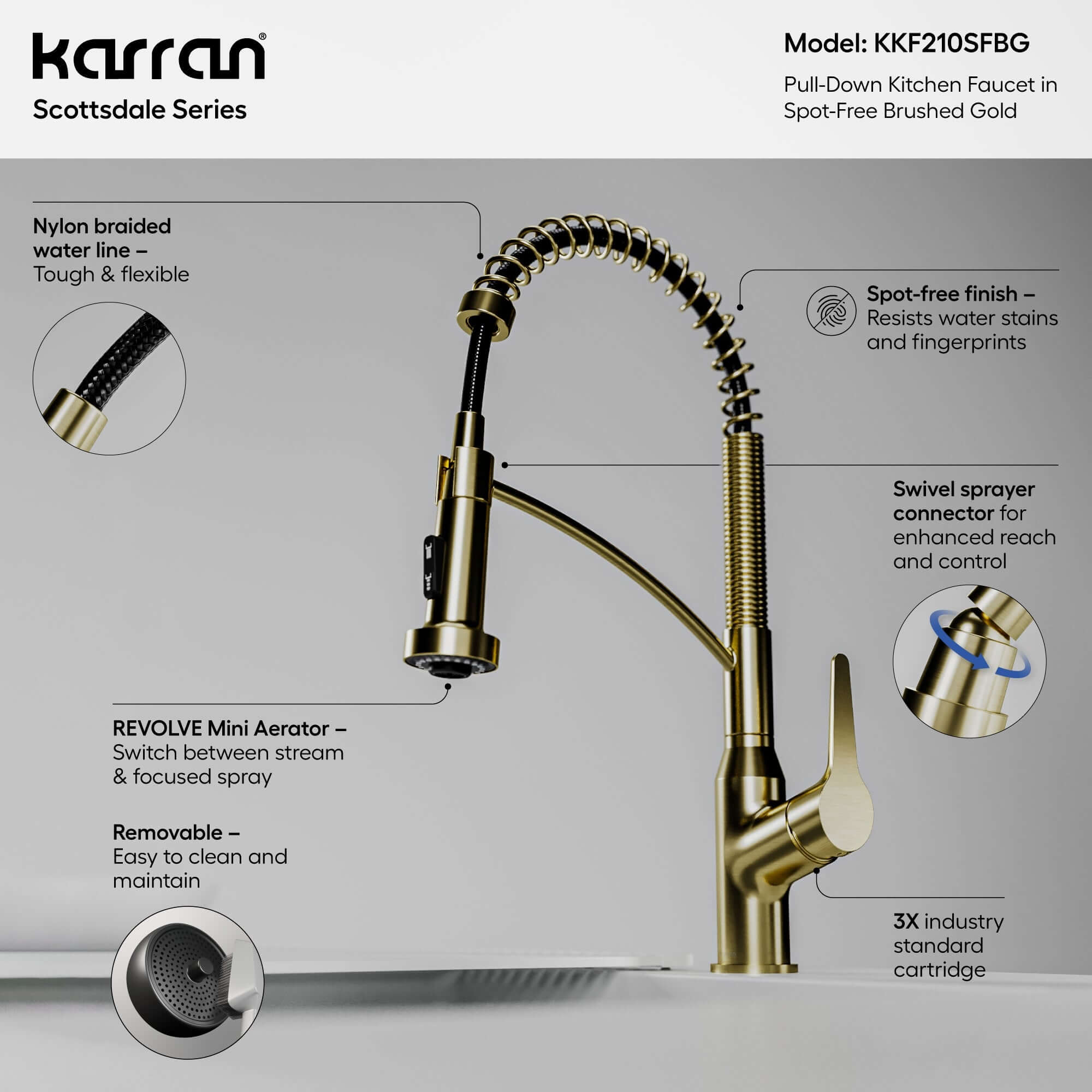 Alternate Image for Karran Scottsdale 1.8 GPM Single Lever Handle Lead-free Brass ADA Kitchen Faucet, Pull-Down, Spot-Free Brushed Gold, KKF210SFBG