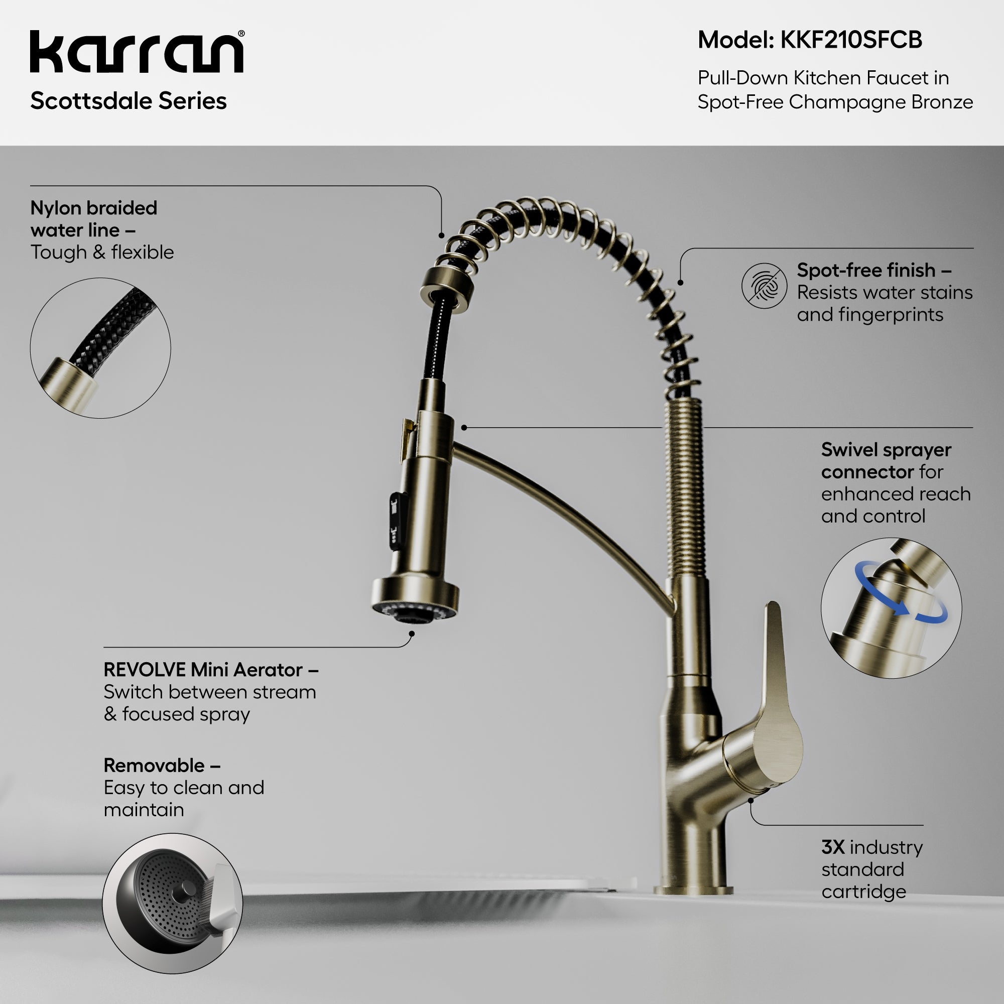 Alternate Image for Karran Scottsdale 1.8 GPM Single Lever Handle Lead-free Brass ADA Kitchen Faucet, Pull-Down, Spot-Free Champagne Bronze, KKF210SFCB