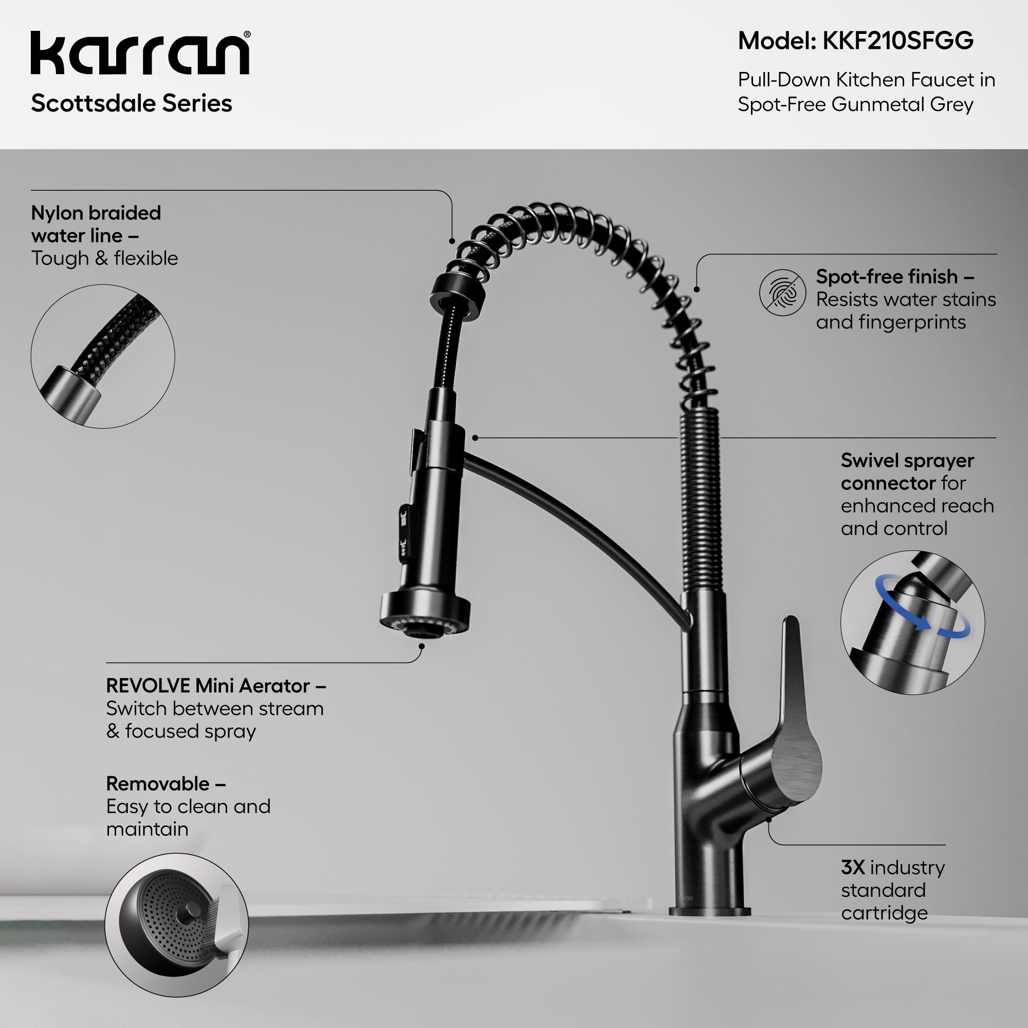 Alternate Image for Karran Scottsdale 1.8 GPM Single Lever Handle Lead-free Brass ADA Kitchen Faucet, Pull-Down, Spot-Free Gunmetal Grey, KKF210SFGG