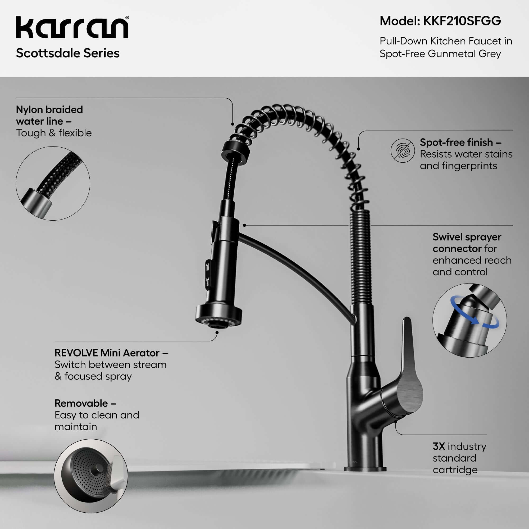 Alternate Image for Karran Scottsdale 1.8 GPM Single Lever Handle Lead-free Brass ADA Kitchen Faucet, Pull-Down, Spot-Free Gunmetal Grey, KKF210SFGG