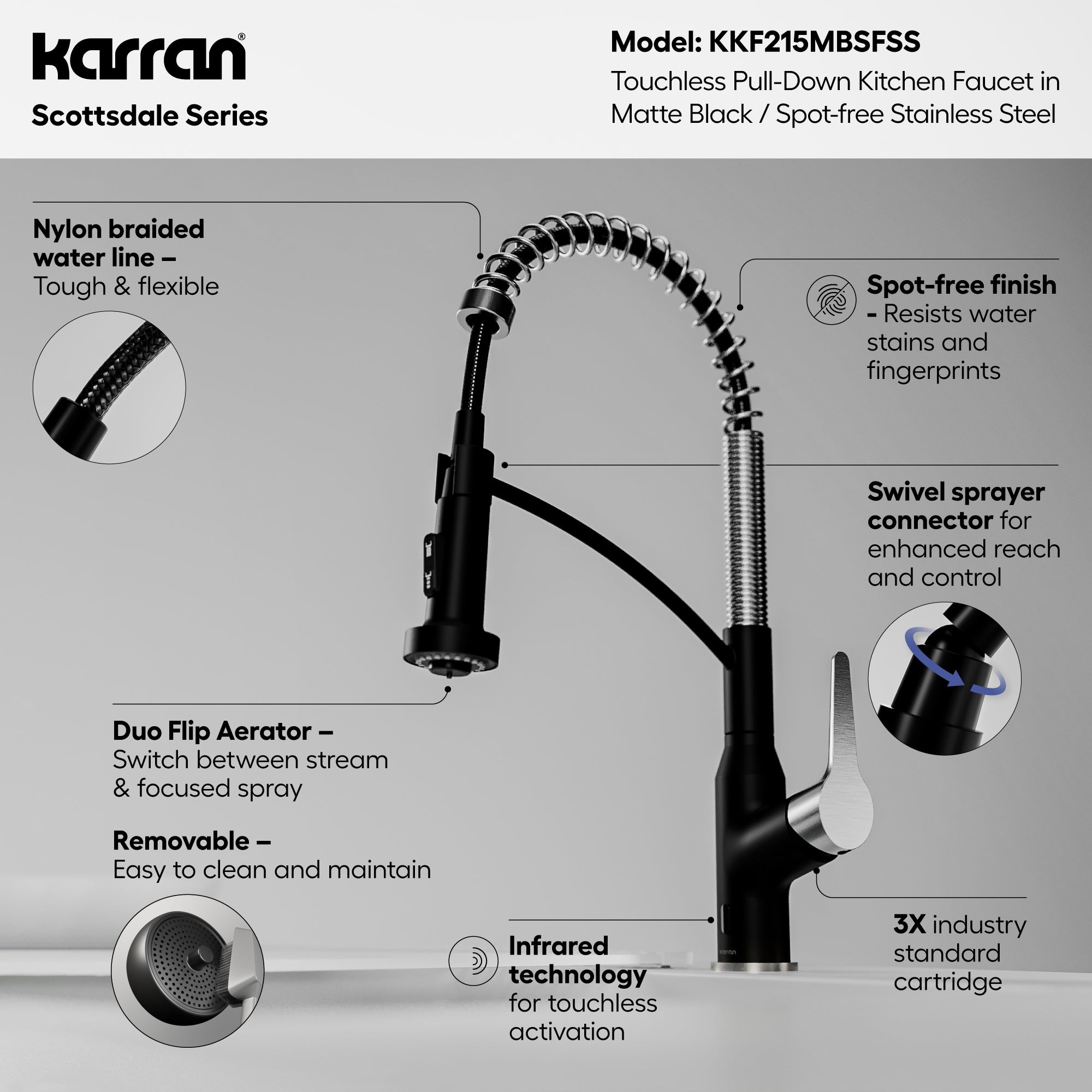 Karran scottsdale touchless pull-down kitchen faucet matte black & stainless steel informational image