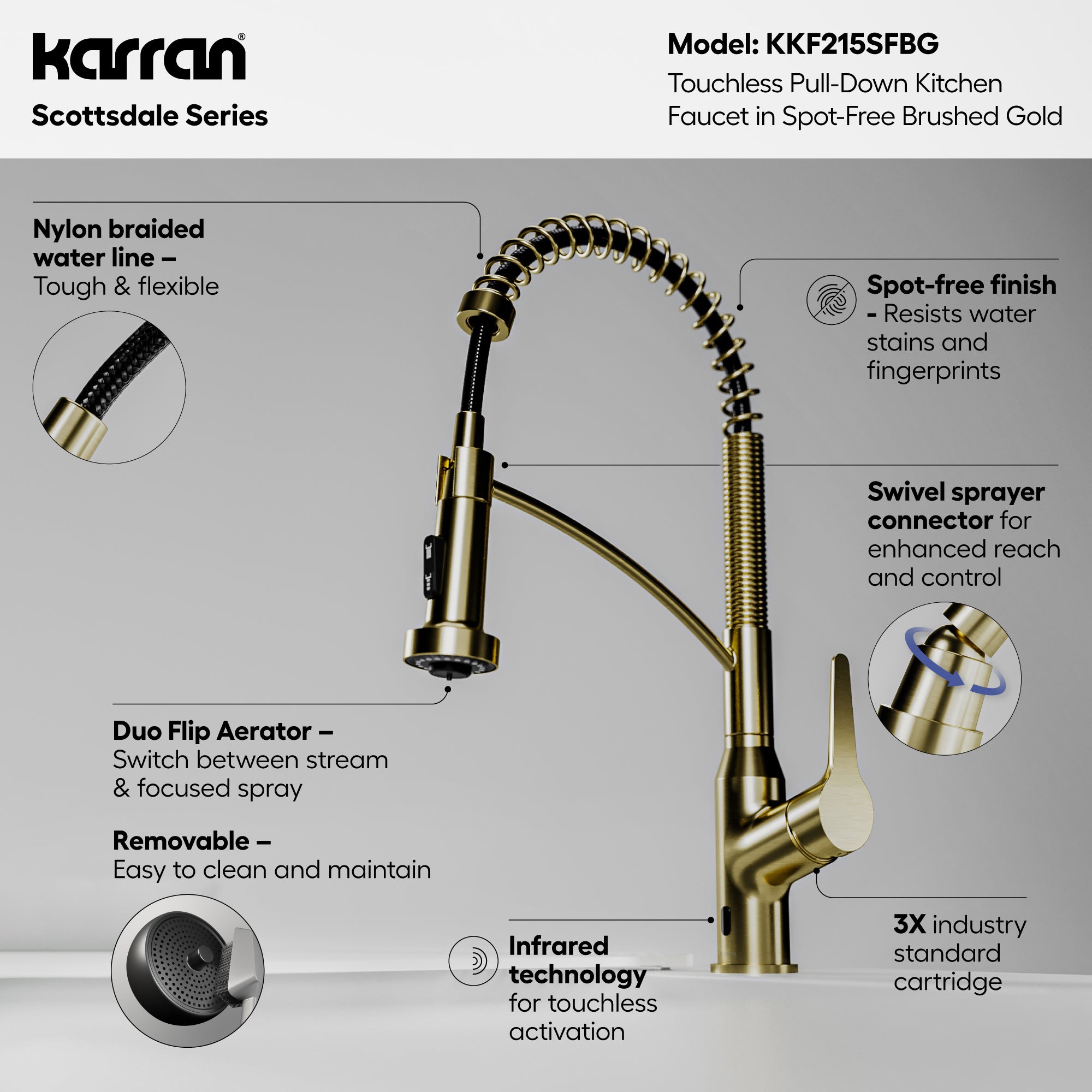 Karran scottsdale touchless pull-down kitchen faucet spot-free brushed gold informational image