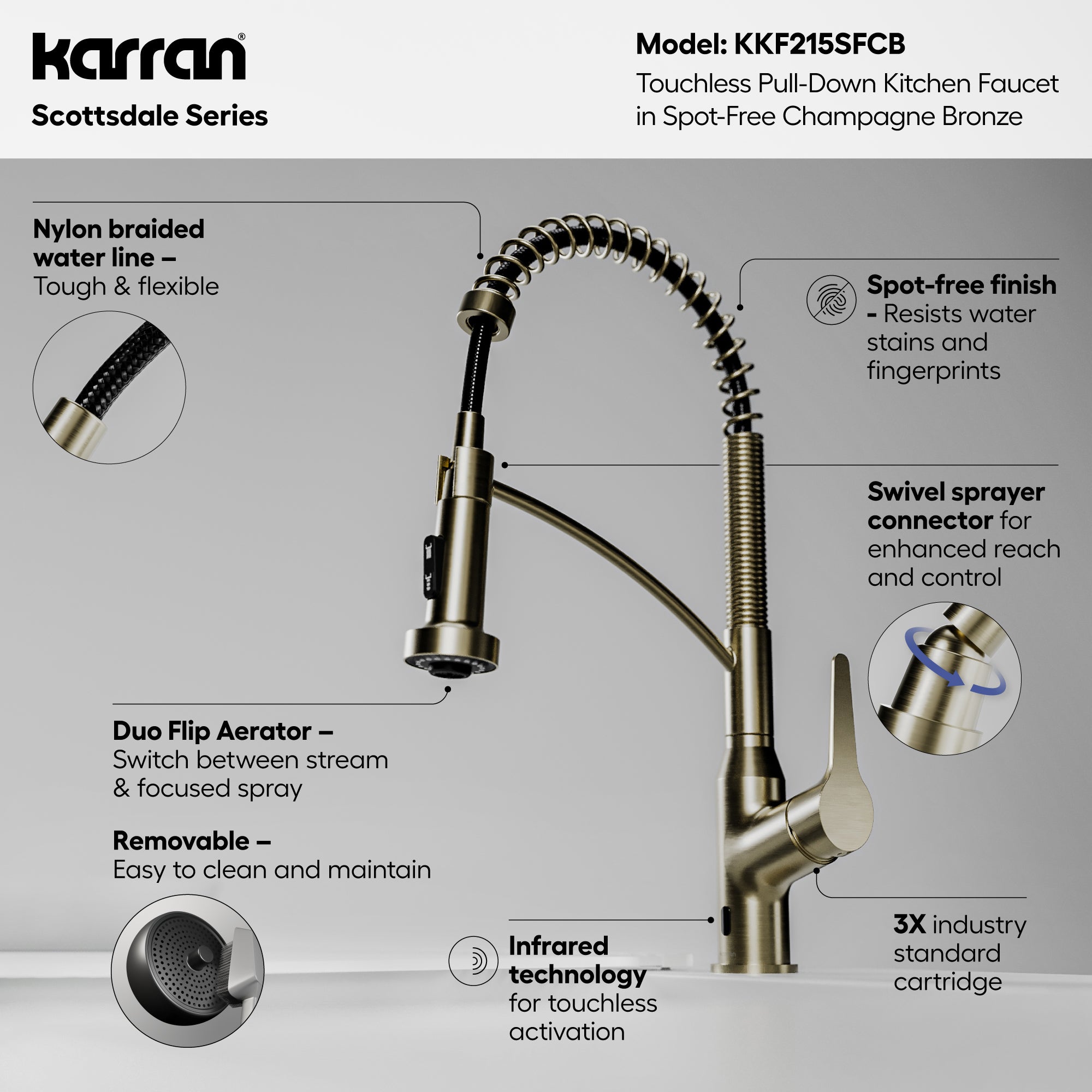 Karran scottsdale touchless pull-down kitchen faucet spot-free champagne bronze informational image