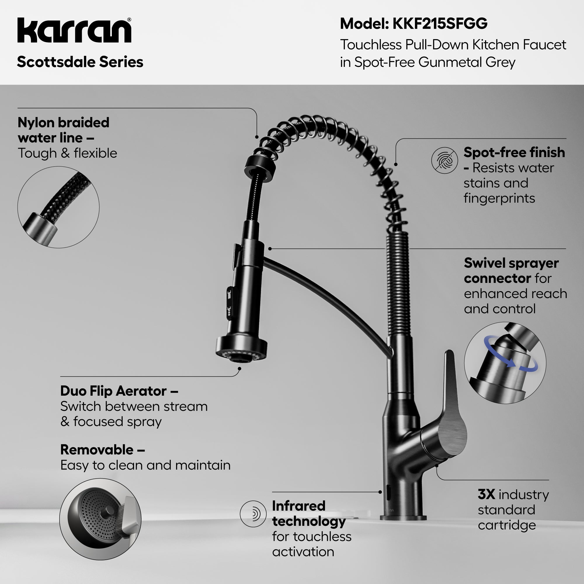 Karran scottsdale touchless pull-down kitchen faucet spot-free gunmetal grey informational image