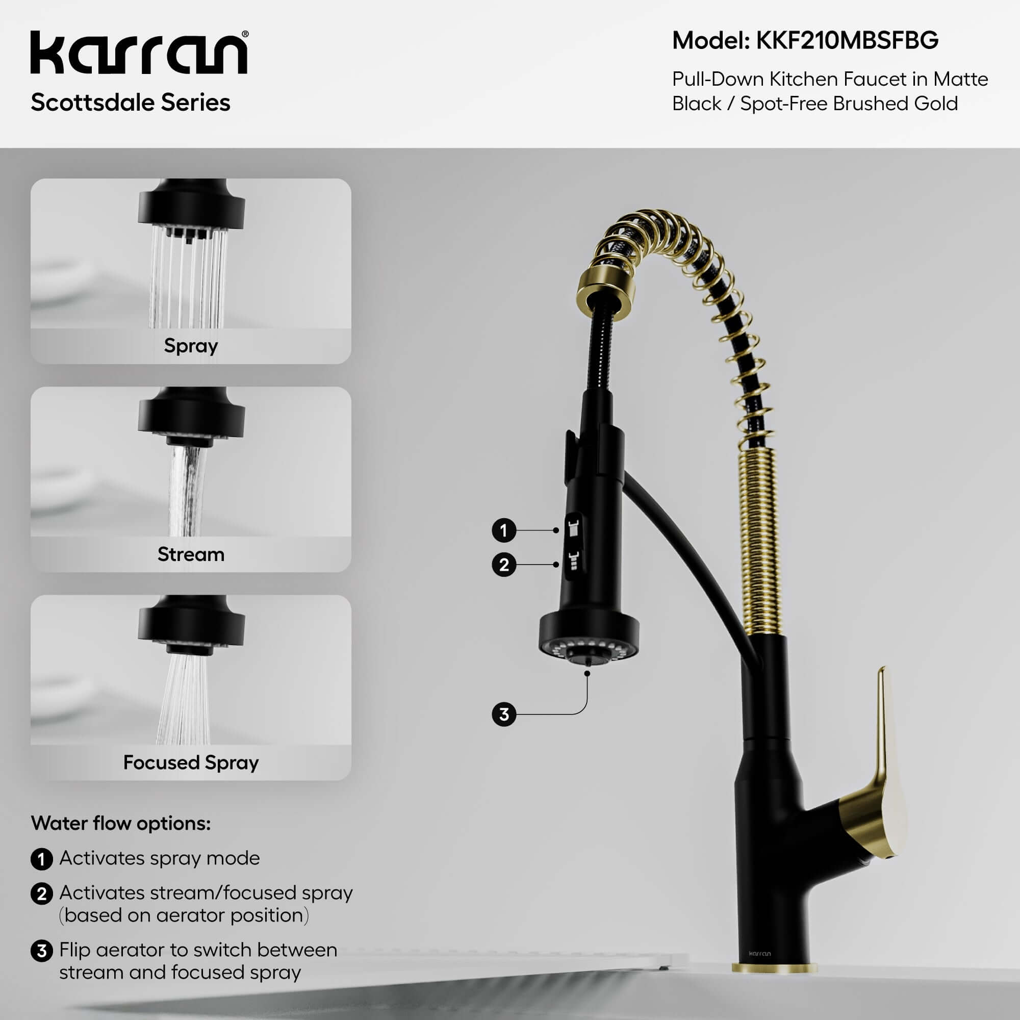 Alternate Image for Karran Scottsdale 1.8 GPM Single Lever Handle Lead-free Brass ADA Kitchen Faucet, Pull-Down, Matte Black & Spot-Free Brushed Gold, KKF210MBSFBG