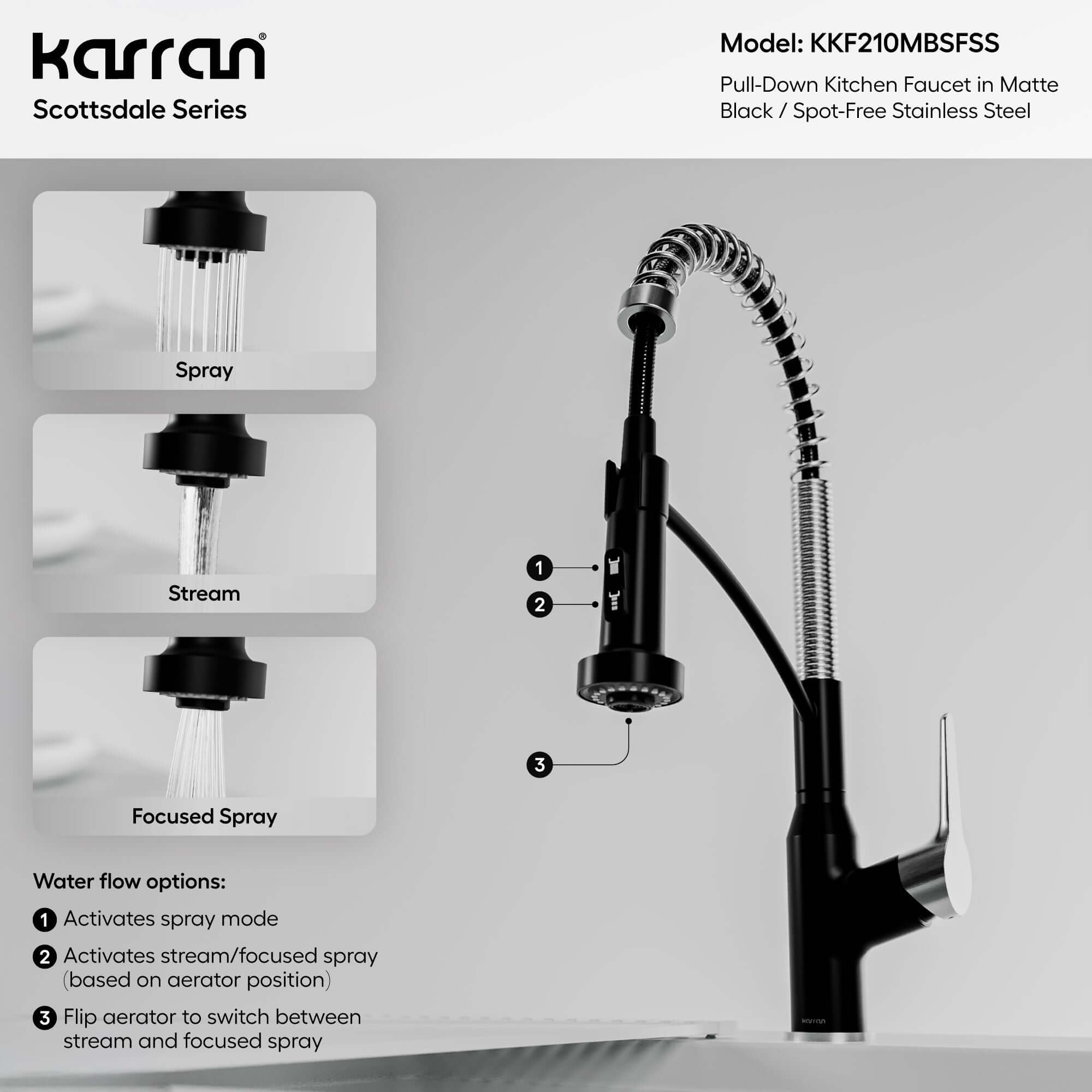 Alternate Image for Karran Scottsdale 1.8 GPM Single Lever Handle Lead-free Brass ADA Kitchen Faucet, Pull-Down, Matte Black & Spot-Free Stainless Steel, KKF210MBSFSS