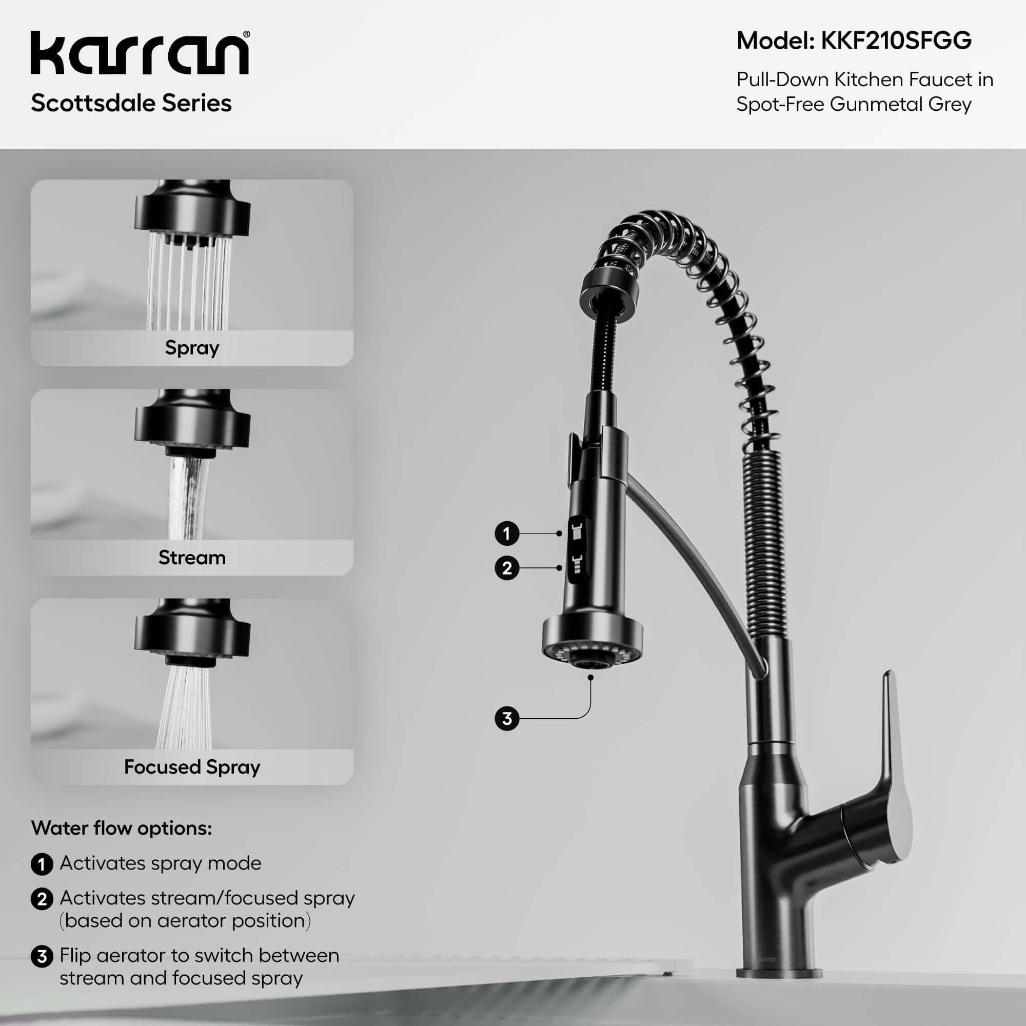 Alternate Image for Karran Scottsdale 1.8 GPM Single Lever Handle Lead-free Brass ADA Kitchen Faucet, Pull-Down, Spot-Free Gunmetal Grey, KKF210SFGG