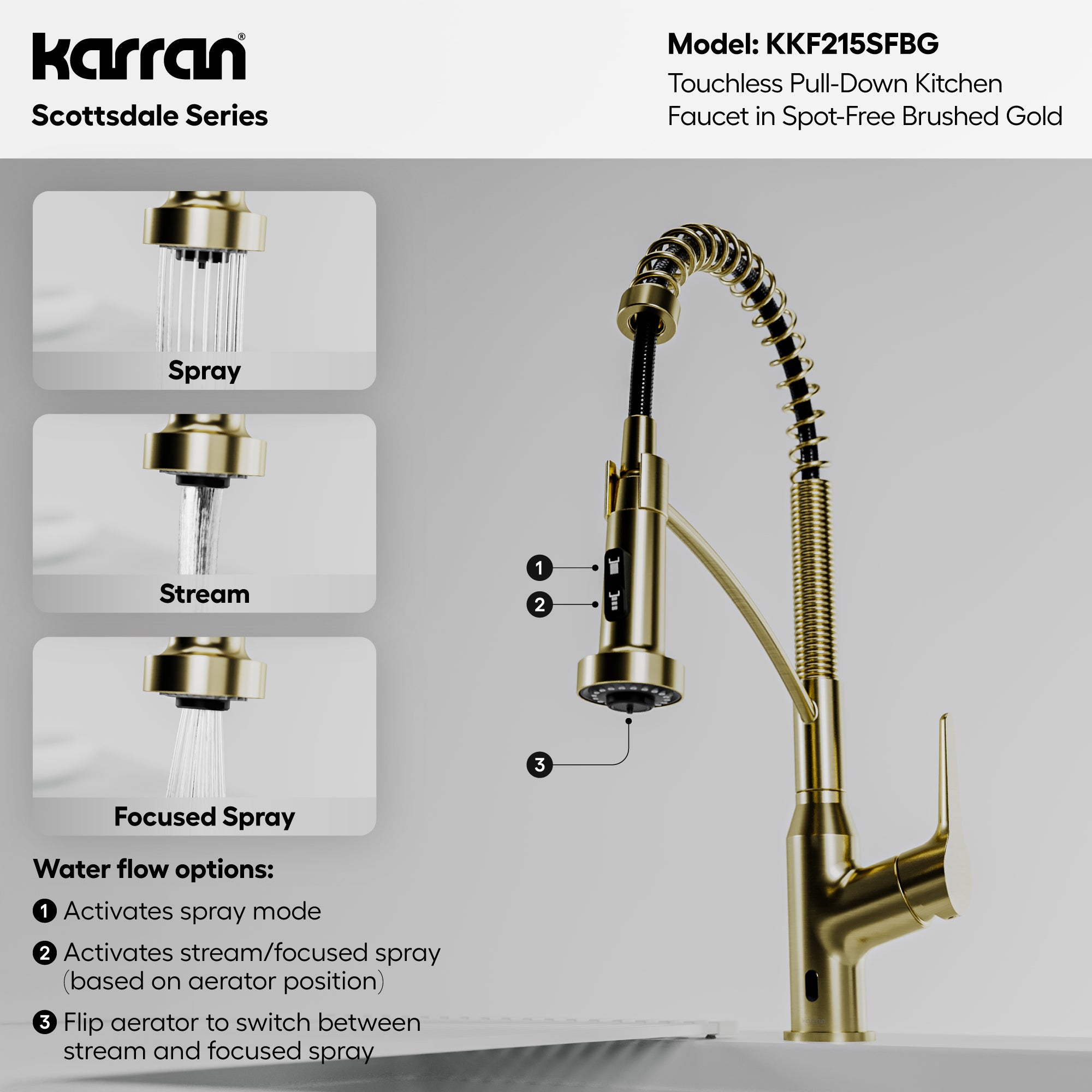 Karran scottsdale touchless pull-down kitchen faucet spot-free brushed gold informational image