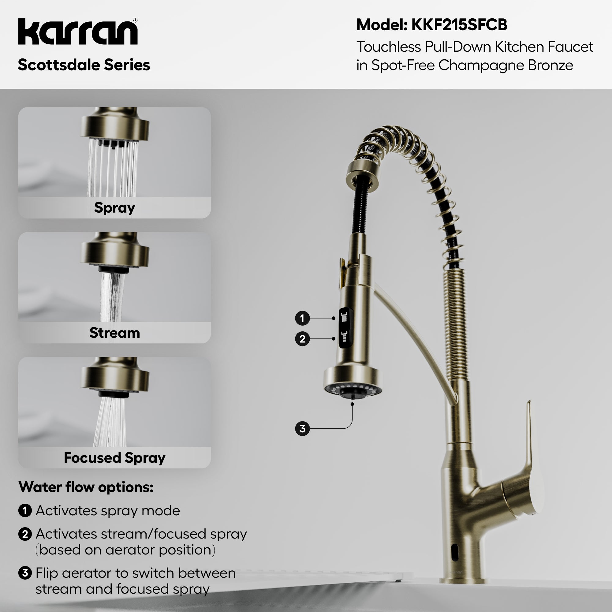 Karran scottsdale touchless pull-down kitchen faucet spot-free champagne bronze informational image