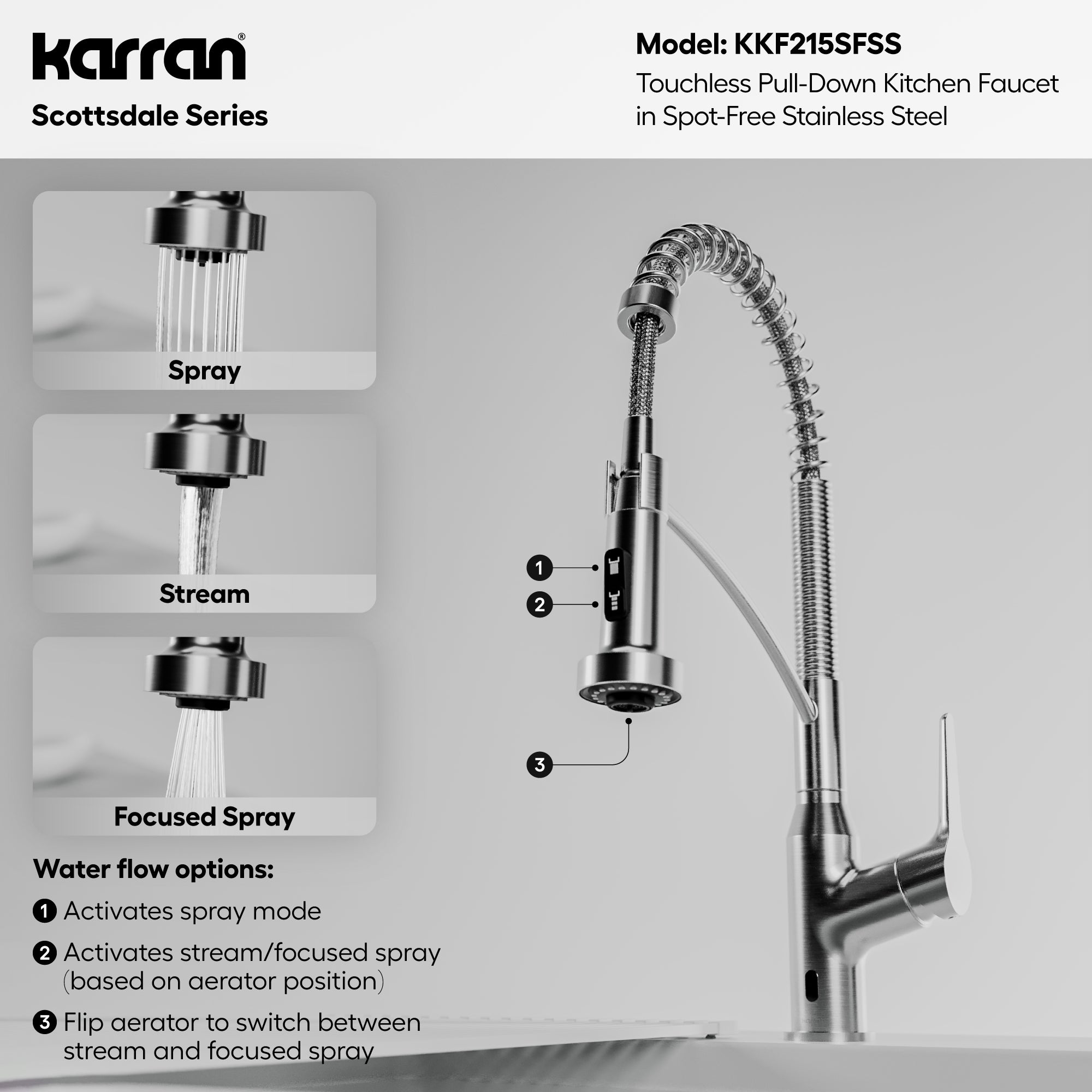 Karran scottsdale touchless pull-down kitchen faucet spot free stainless steel informational image