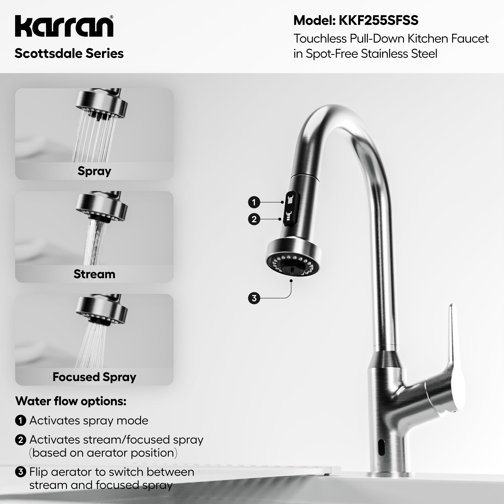 Karran scottsdale touchless pull-down kitchen faucet spot free stainless steel informational image