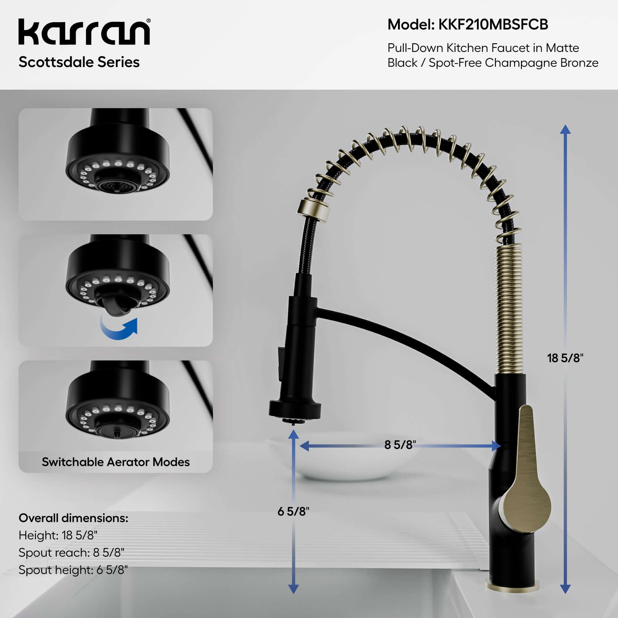 Alternate Image for Karran Scottsdale 1.8 GPM Single Lever Handle Lead-free Brass ADA Kitchen Faucet, Pull-Down, Matte Black & Spot-Free Champagne Bronze, KKF210MBSFCB