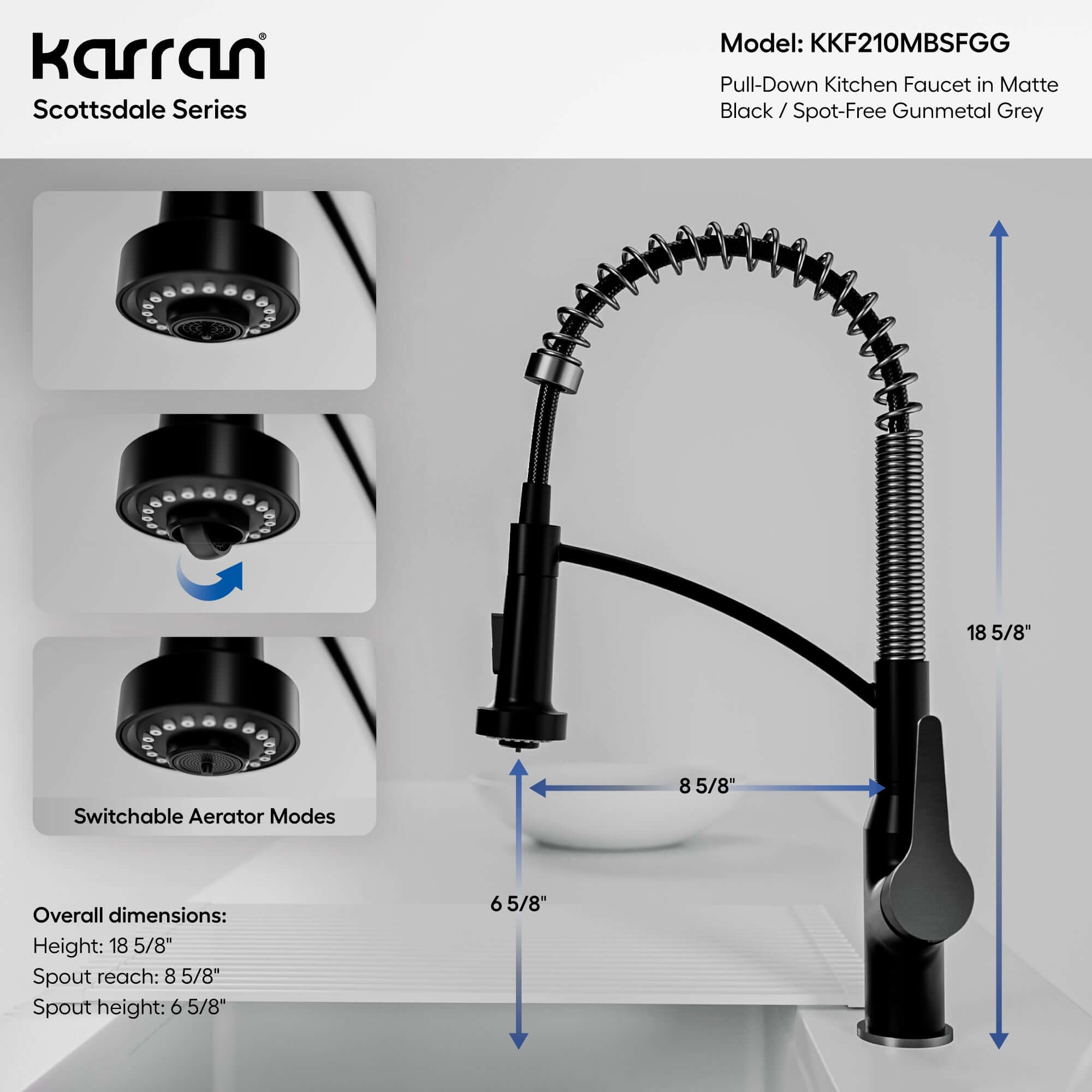 Alternate Image for Karran Scottsdale 1.8 GPM Single Lever Handle Lead-free Brass ADA Kitchen Faucet, Pull-Down, Matte Black & Spot-Free Gunmetal Grey, KKF210MBSFGG