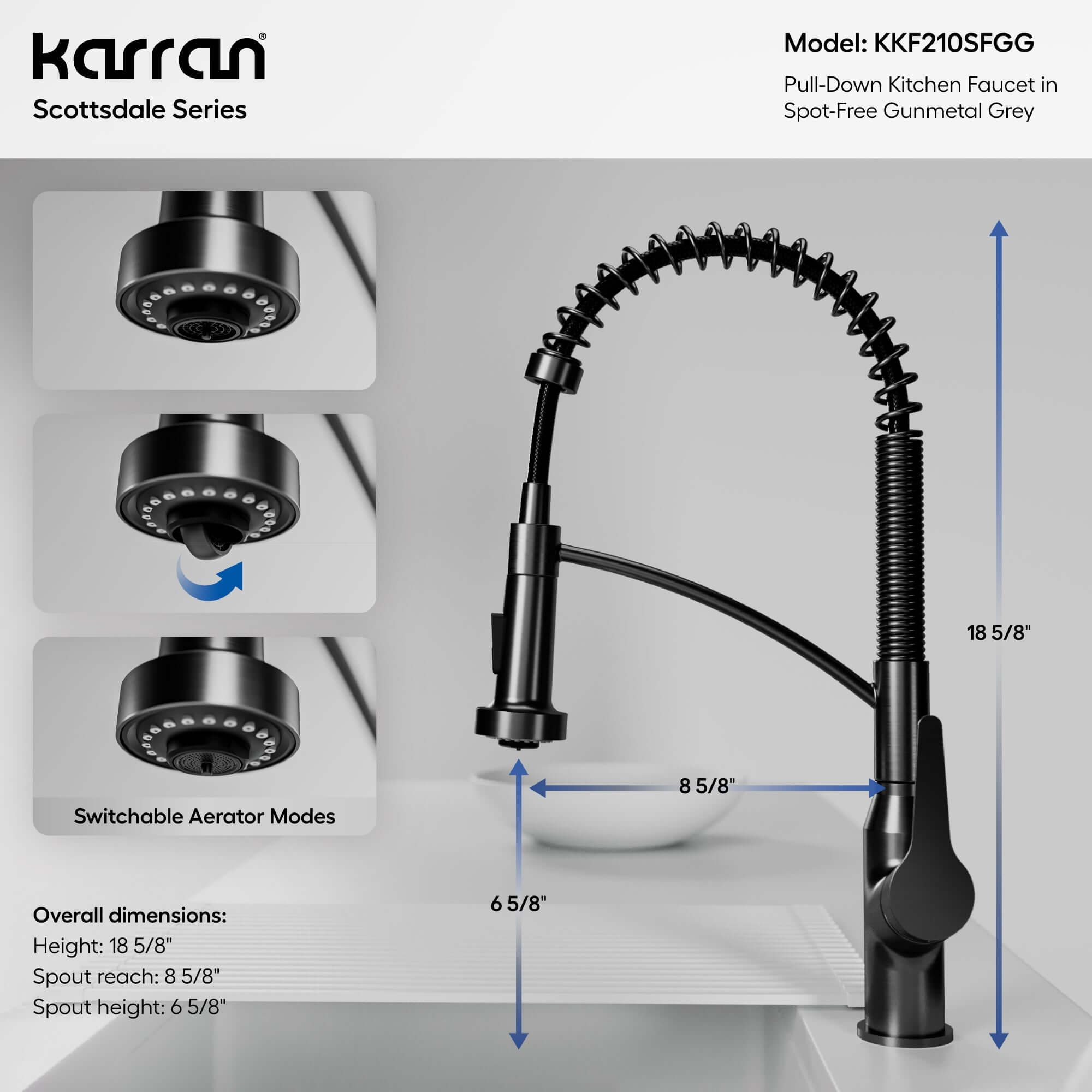 Alternate Image for Karran Scottsdale 1.8 GPM Single Lever Handle Lead-free Brass ADA Kitchen Faucet, Pull-Down, Spot-Free Gunmetal Grey, KKF210SFGG
