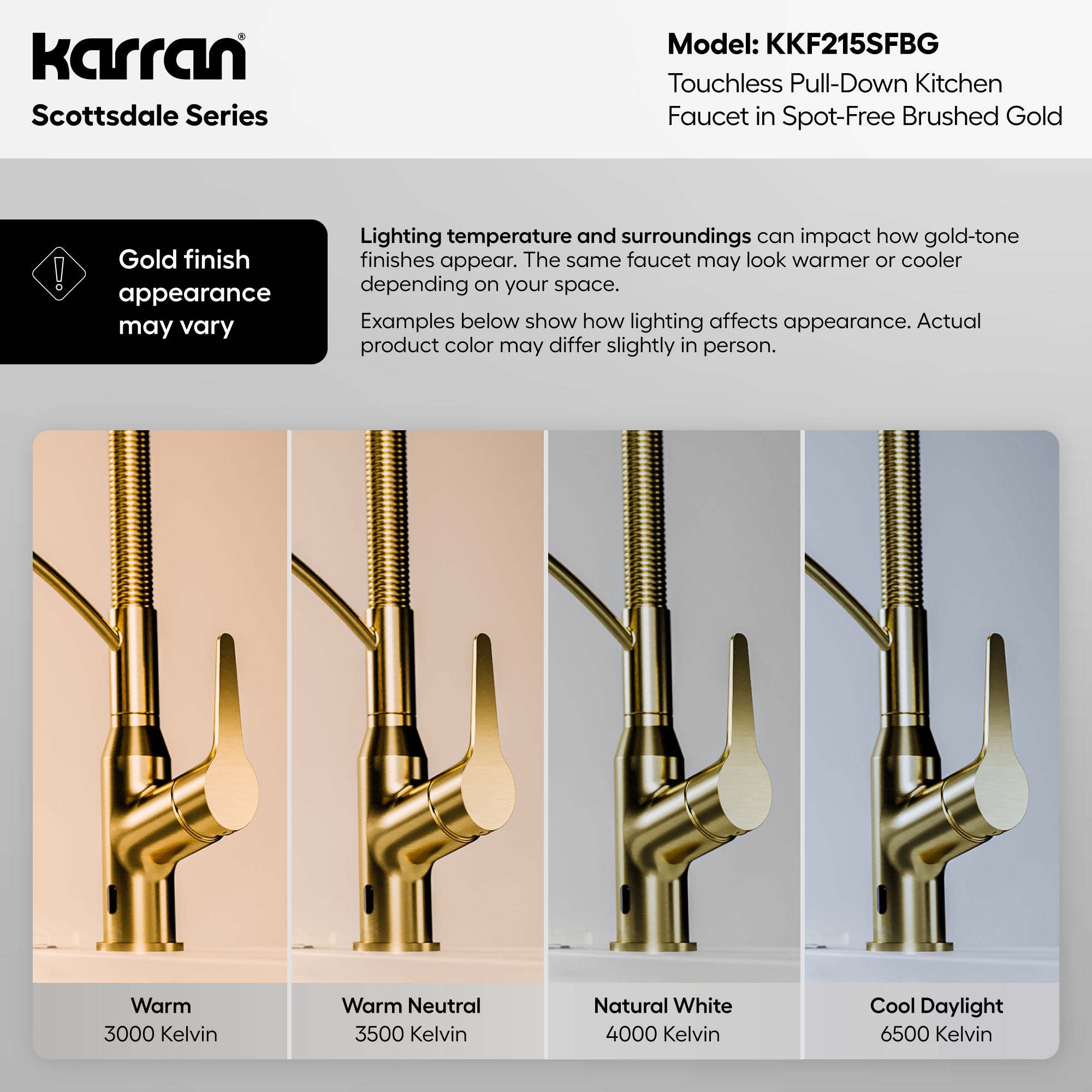 Karran scottsdale touchless pull-down kitchen faucet spot-free brushed gold informational image