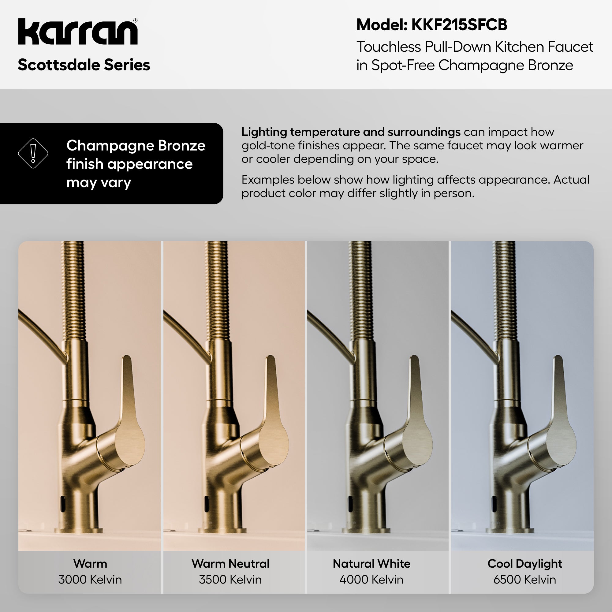 Karran scottsdale touchless pull-down kitchen faucet spot-free champagne bronze informational image