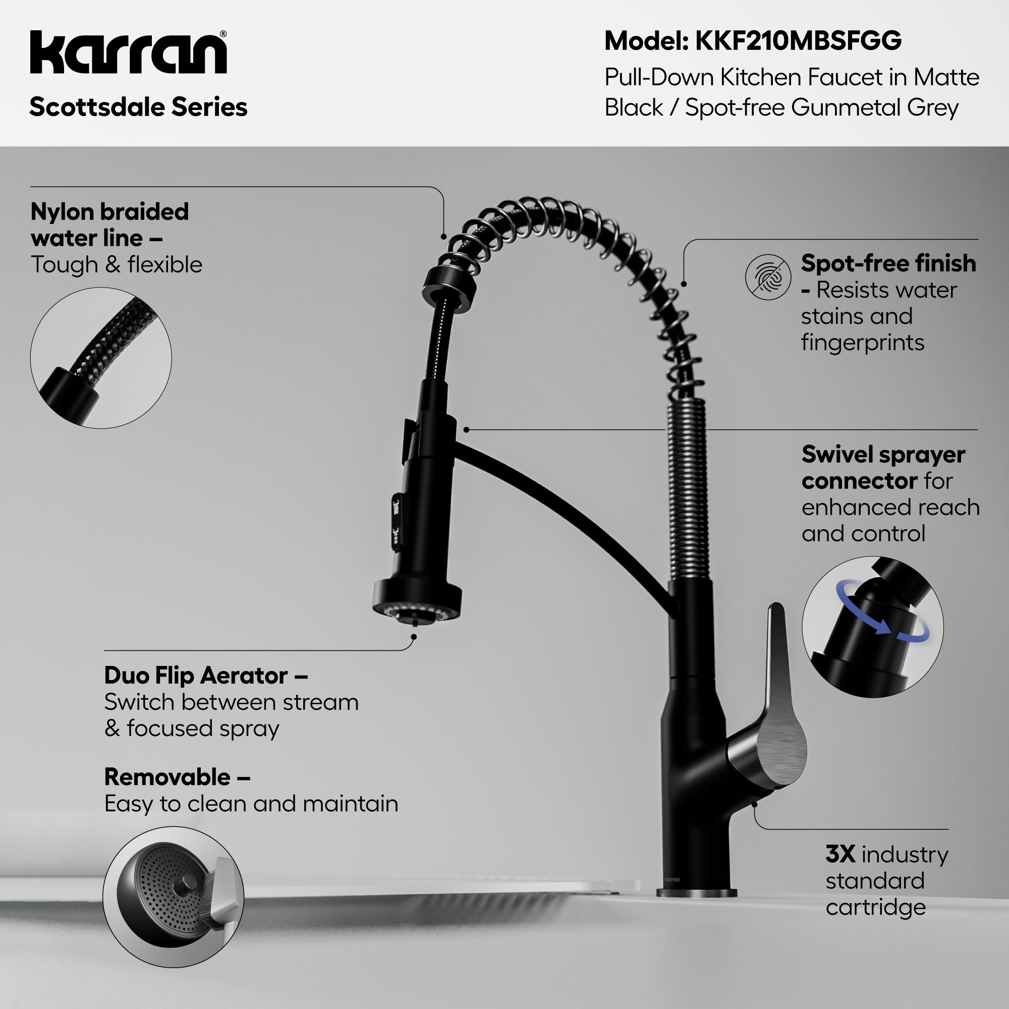 Alternative View of Karran Scottsdale 1.8 GPM Single Lever Handle Lead-free Brass ADA Kitchen Faucet, Pull-Down, Matte Black & Spot-Free Gunmetal Grey, KKF210MBSFGG