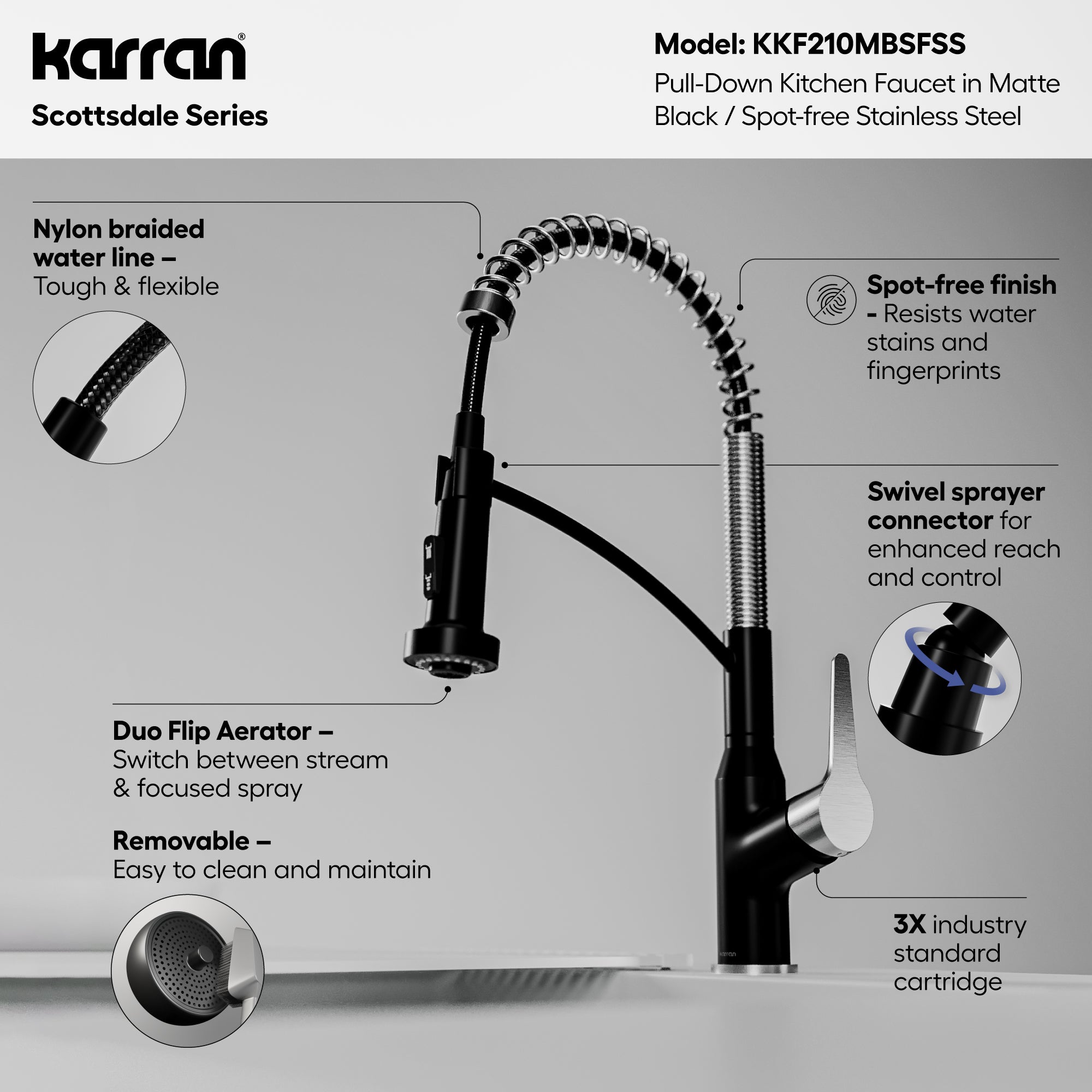 Alternative View of Karran Scottsdale 1.8 GPM Single Lever Handle Lead-free Brass ADA Kitchen Faucet, Pull-Down, Matte Black & Spot-Free Stainless Steel, KKF210MBSFSS