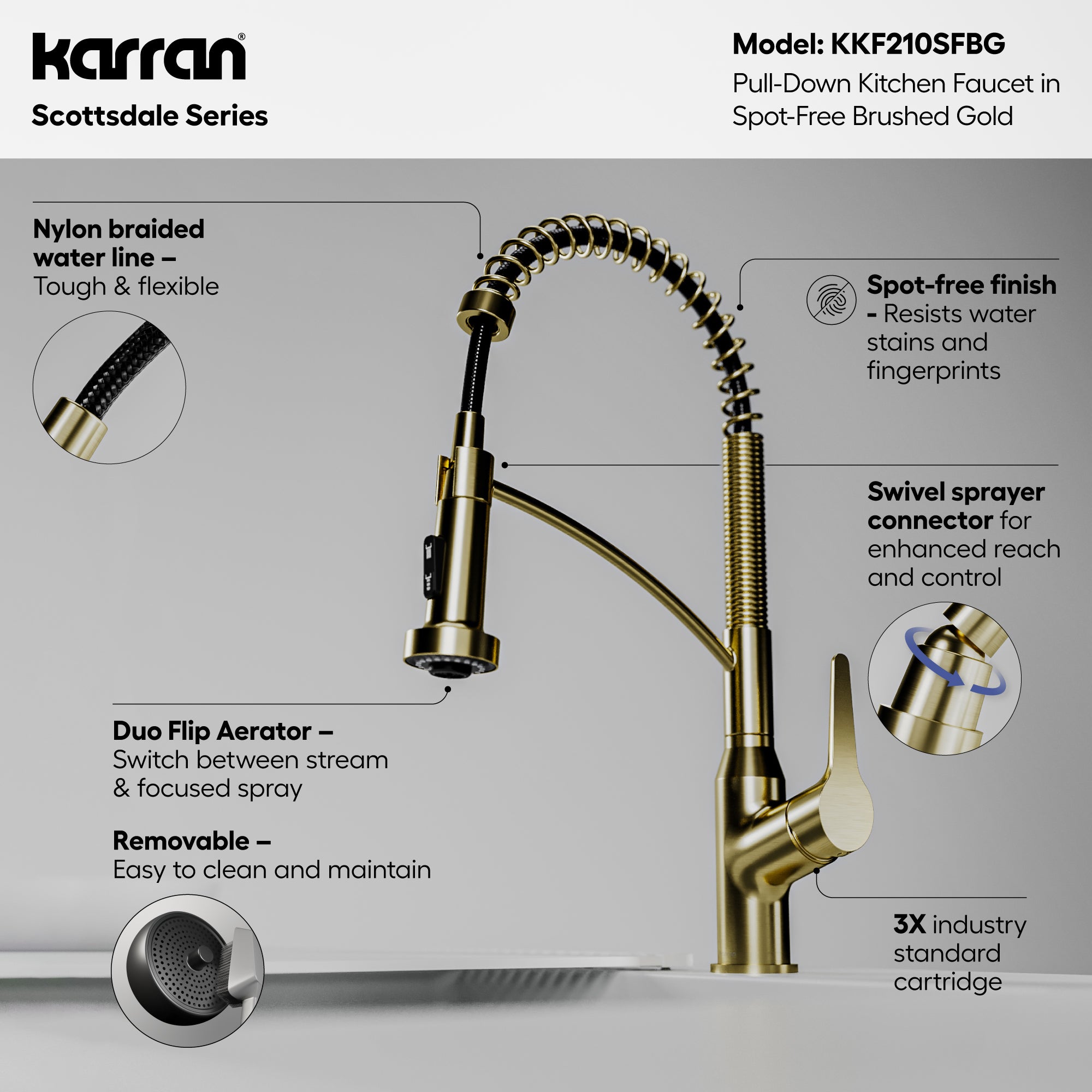 Alternative View of Karran Scottsdale 1.8 GPM Single Lever Handle Lead-free Brass ADA Kitchen Faucet, Pull-Down, Spot-Free Brushed Gold, KKF210SFBG