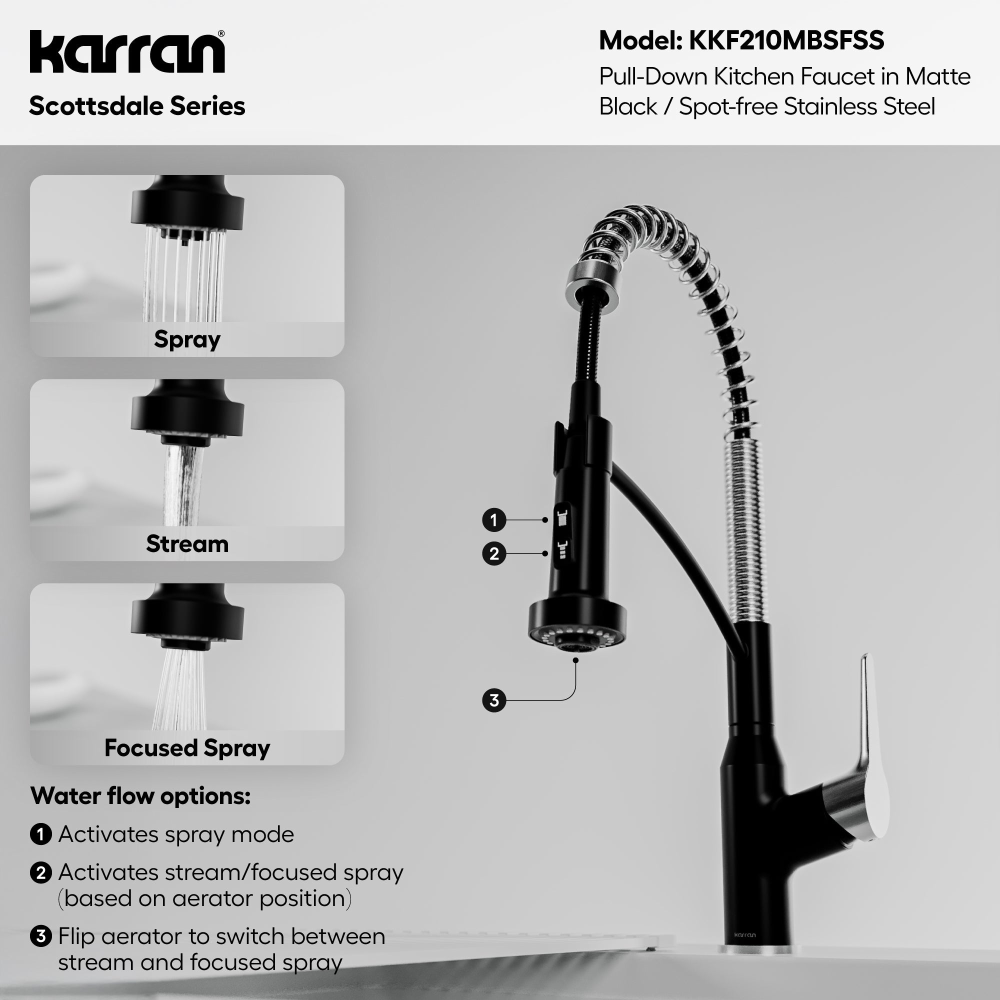 Alternative View of Karran Scottsdale 1.8 GPM Single Lever Handle Lead-free Brass ADA Kitchen Faucet, Pull-Down, Matte Black & Spot-Free Stainless Steel, KKF210MBSFSS