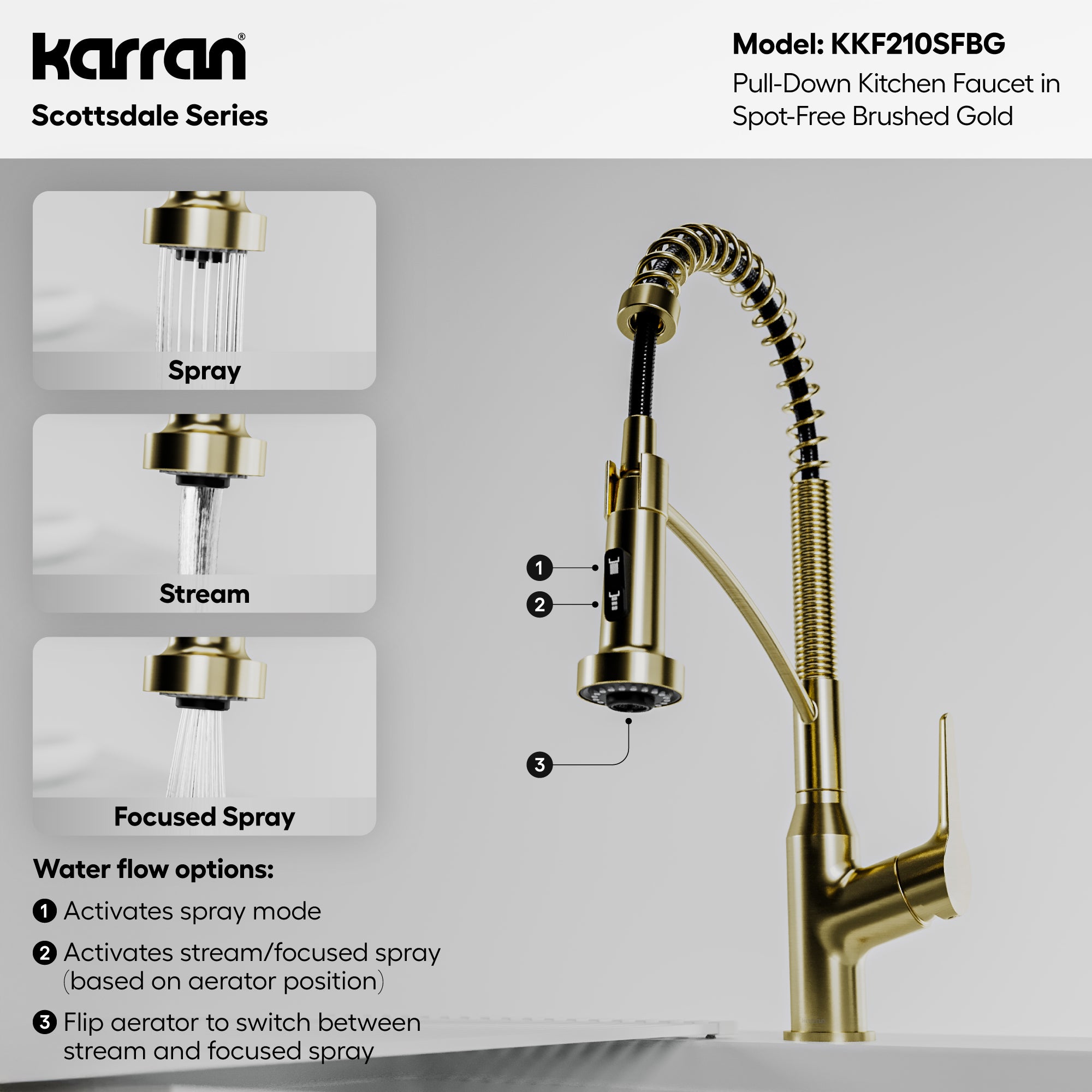 Alternative View of Karran Scottsdale 1.8 GPM Single Lever Handle Lead-free Brass ADA Kitchen Faucet, Pull-Down, Spot-Free Brushed Gold, KKF210SFBG